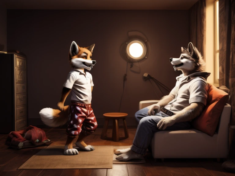 Young furry boys (fox, huskey, etc.), barefoot and dressed in black pyjamas, lie on a couch in a dark room. Eyes are fixed on the TV screen, where a green hypnotic spiral spins endlessly. Feet are detailed and nice, almost mesmerizing in their own right. Are they brainwashed or simply mesmerized by the spiral's hypnotic power? They are smiling and drooling.