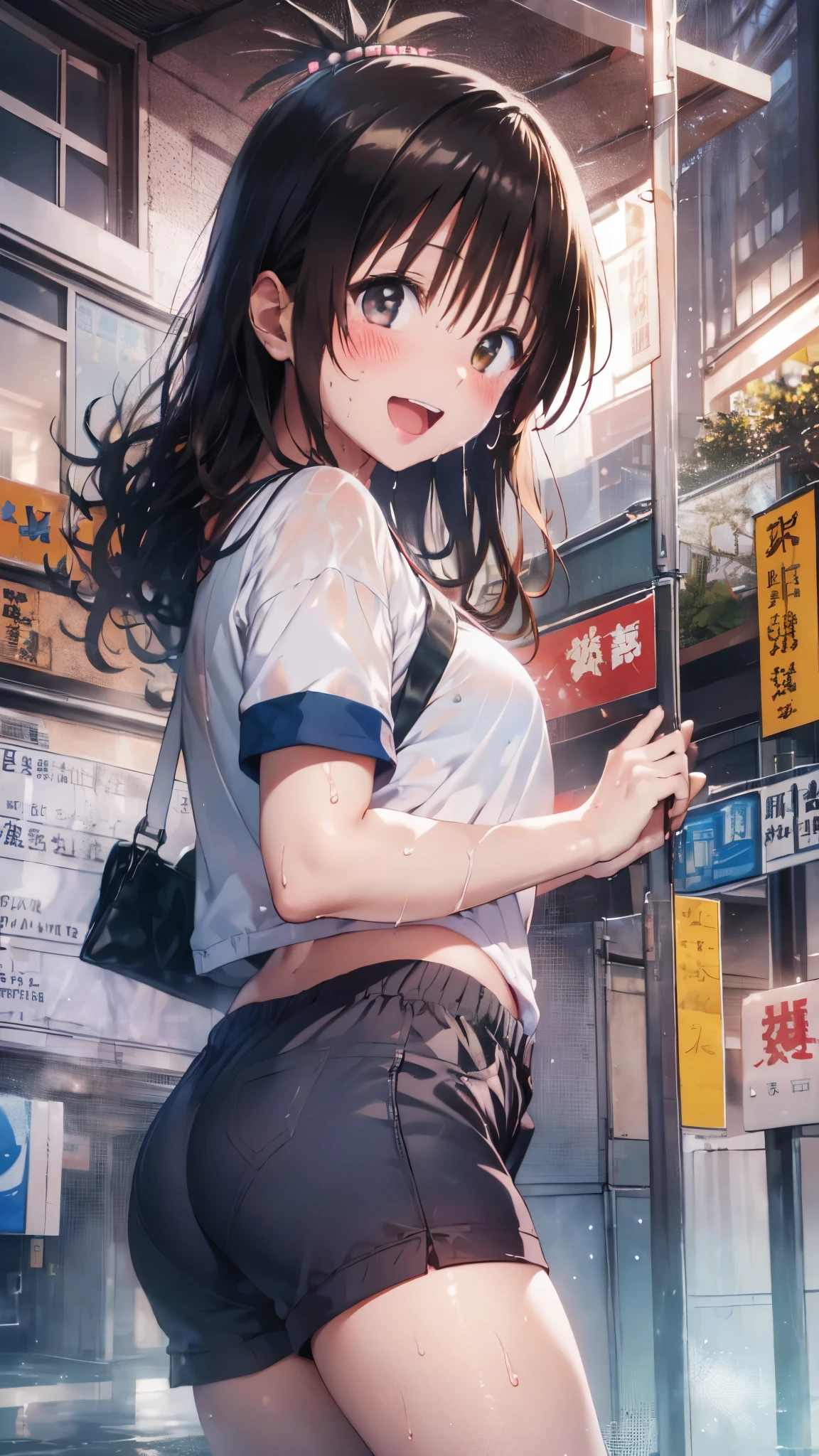 1 female,black hair,((************)),(((White and blue short sleeve gym clothes and shorts)))(((blush、open mouth smile)),(((Yuki Mikan))),crowd(Baby girl body shape)(((small breasts)))Look back and look back,((wet with sweat))Outside playground,Mansuji