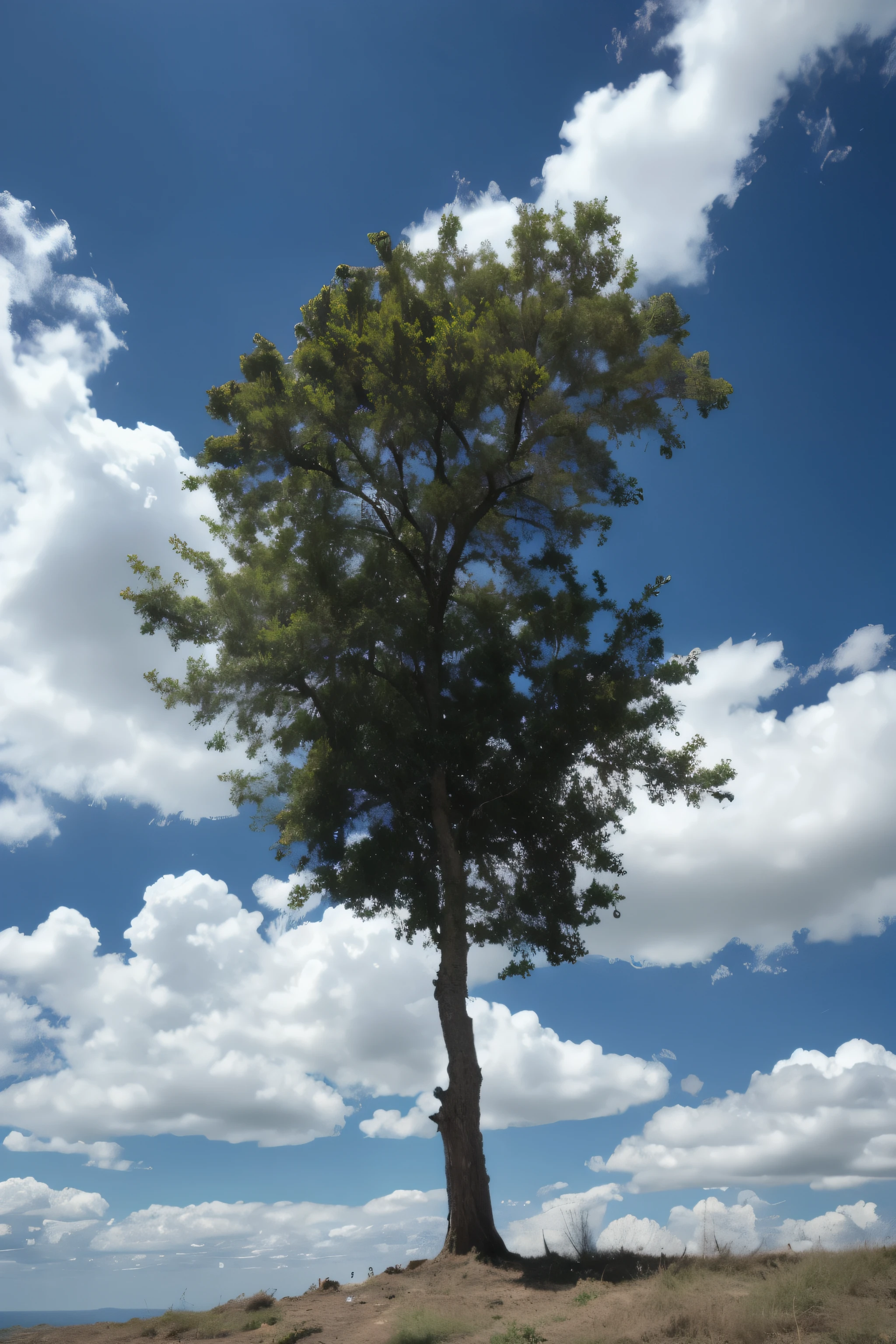 There a tree in the middle,Surrounded by blue sky and white clouds,Surrealism, high detail, Cinema lighting, Ray tracing, view, Shoot at eye level, ultra high definition, masterpiece, textured skin, 4K, best quality