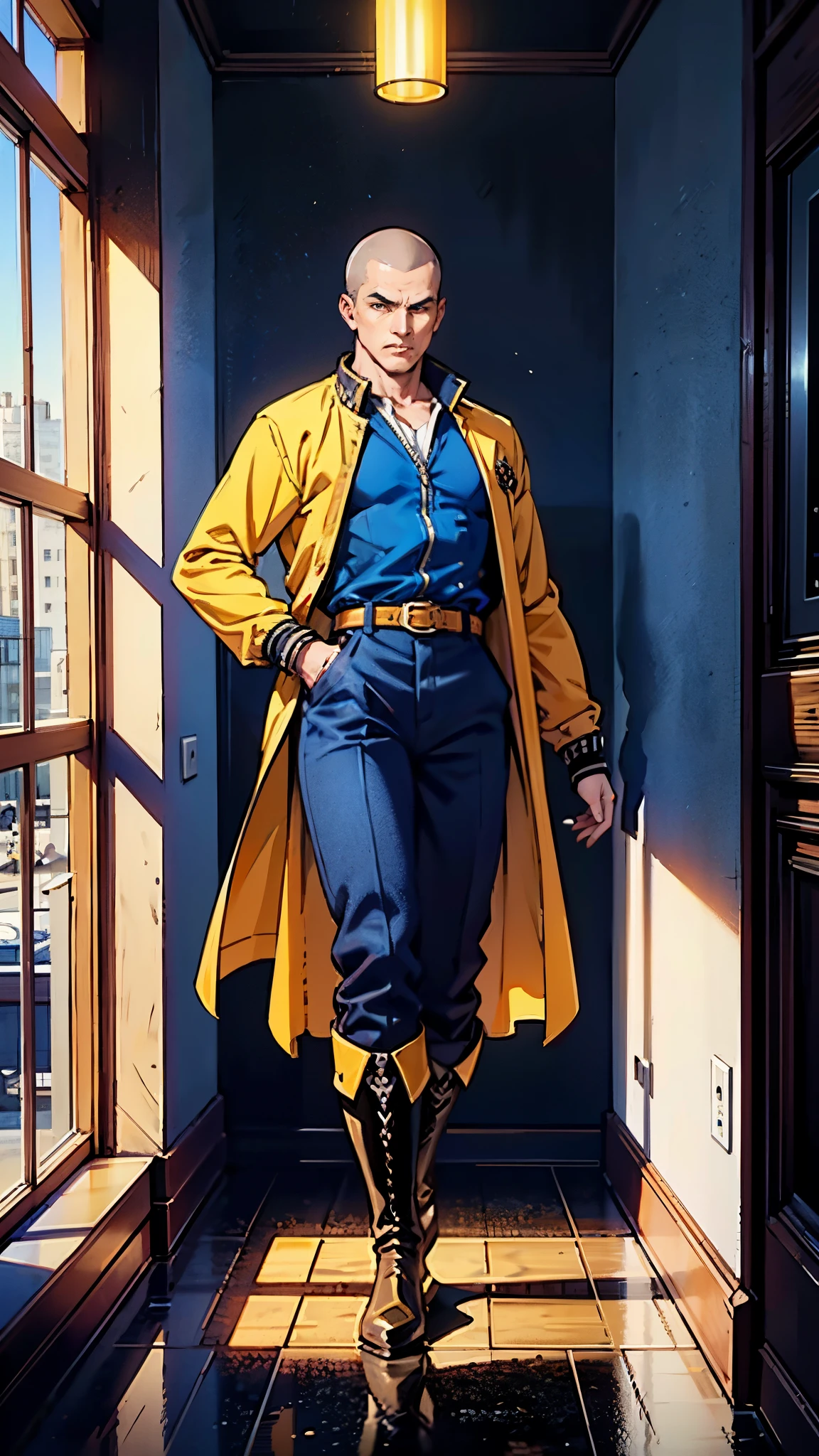 In the backdrop of an ancient fantasy-reality setting, a youth sporting a platinum crew cut displays a piercing gaze and confident demeanor. Adorned in a two-piece fusion outfit, seamlessly blending Western and Eastern influences, he wears a snug dark top paired with a vibrant yellow-blue short jacket. The lower half features loose white utility pants, and his sturdy long boots echo through the corridors of an antiquated architectural landscape. The overall aesthetic captures the essence of a refined and mature anime-inspired  rogue, symmetrical face, extremely detailed eyes and face, high quality eyes, high definition, highres, ultra-fine painting, exquisite and mature, extremely delicate, professional, anatomically correct, creativity, UHD, HDR, 32k, Natural light, cinematic lighting, best shadow, masterpiece-anatomy-perfect, best quality, masterpiece, ultra-detailed