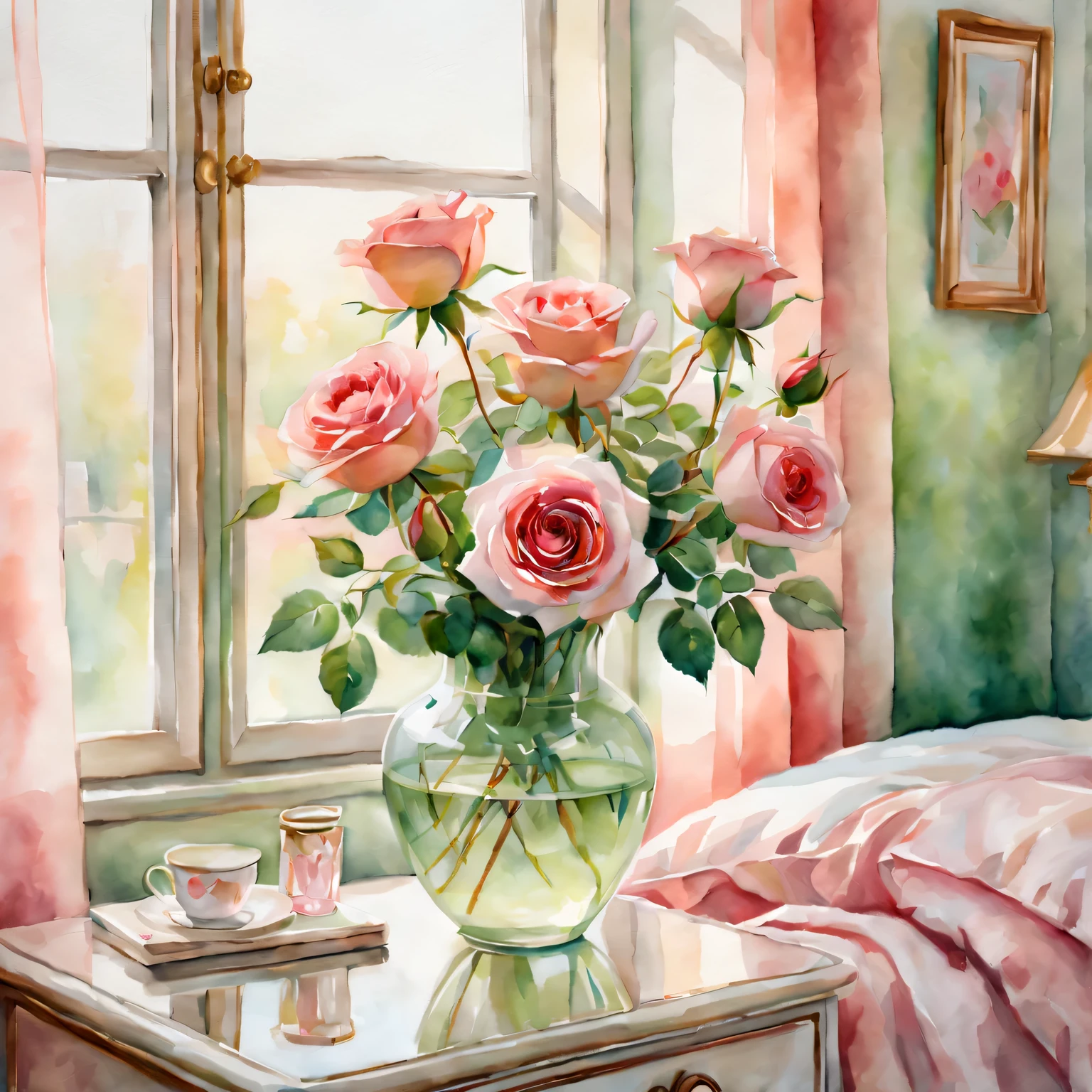 watercolor art，Bedroom scene，Beautiful detail roses in vase，Soft and delicate brushstrokes，subtle blend of colorright and airy atmosphere，Romantic and ethereal，Impressionist lighting，Vivid and lively colors，pink and red shades，Lush green leaves and stems，Reflection on glass vase，Soft shadows and highlights，Retro decorative elements，Warm and comfortable atmosphere。