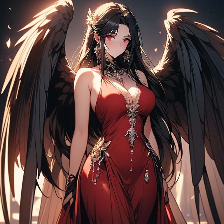 (highly detailed CG unity 8k wallpaper, masterpiece, best quality, very detailed, beautiful eye details: 1.2), best lighting, (best shadows, very delicate and beautiful blooms), 1 grille, solo, red eyes, Thin clothes transparent, very big breasts, stocky, long hair nipples, holding an eggplant, Angel wings, black wings, (large wings: 1.4),