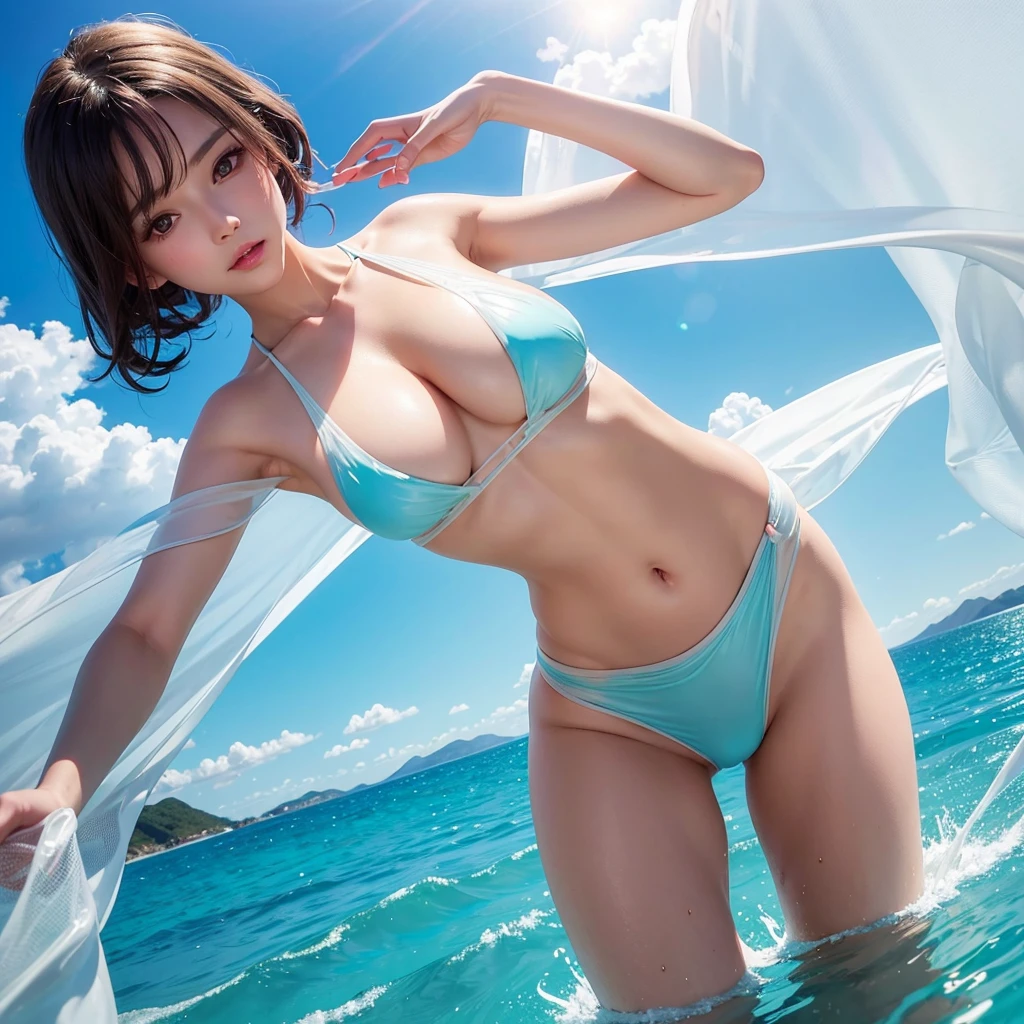 surreal rendering of a milfy-girl in a sheer-croptop-bikini, with shining-body from water-sunlight smooth colors blending together in a dreamlike haze. croptop with sheer clothing translucent fabric, surrounded by soft silky paint, silky lighting in windbreakerstyle