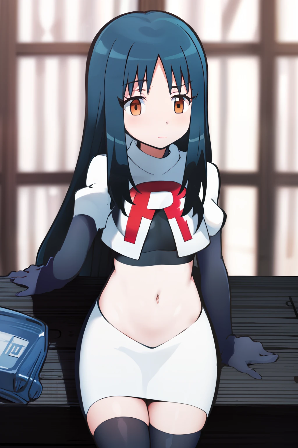 masterpiece, highres, 1girl,   black hair, brown eyes, long hair, team rocket,team rocket uniform, red letter R, white skirt,white crop top,black thigh-highs,black elbow gloves