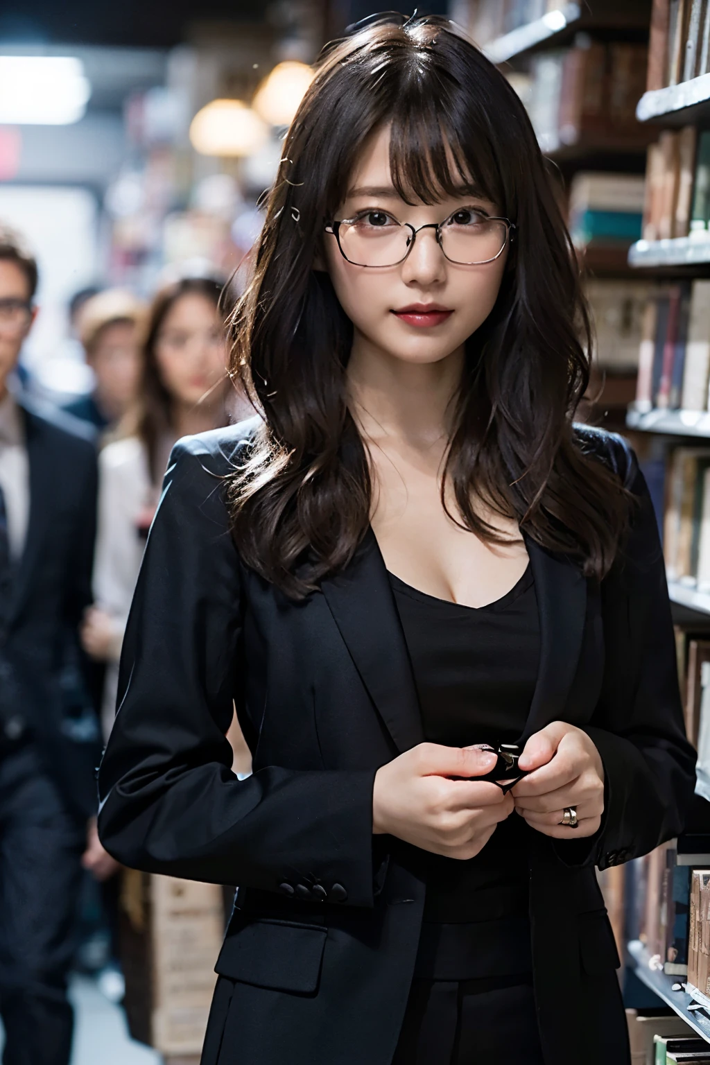 (8K、Raw photography、top-quality、masterpiece:1.2)、(realisitic、Photorealsitic:1.37)、ultra-detailliert、超A high resolution、1人、see the beholder、beautifull detailed face、A smile with a little visible teeth、Constriction、(Slim waist) :1.3)、((Wearing a suit))、Beautiful detailed skin、Skin Texture、Floating hair、((Keeping your hair in one))、large breasts with good shape、Professional Lighting、Autumn twilight、book library、(((Black square glasses )))、Whole human body、Black hair、((Shameful appearance))、Holding a book、