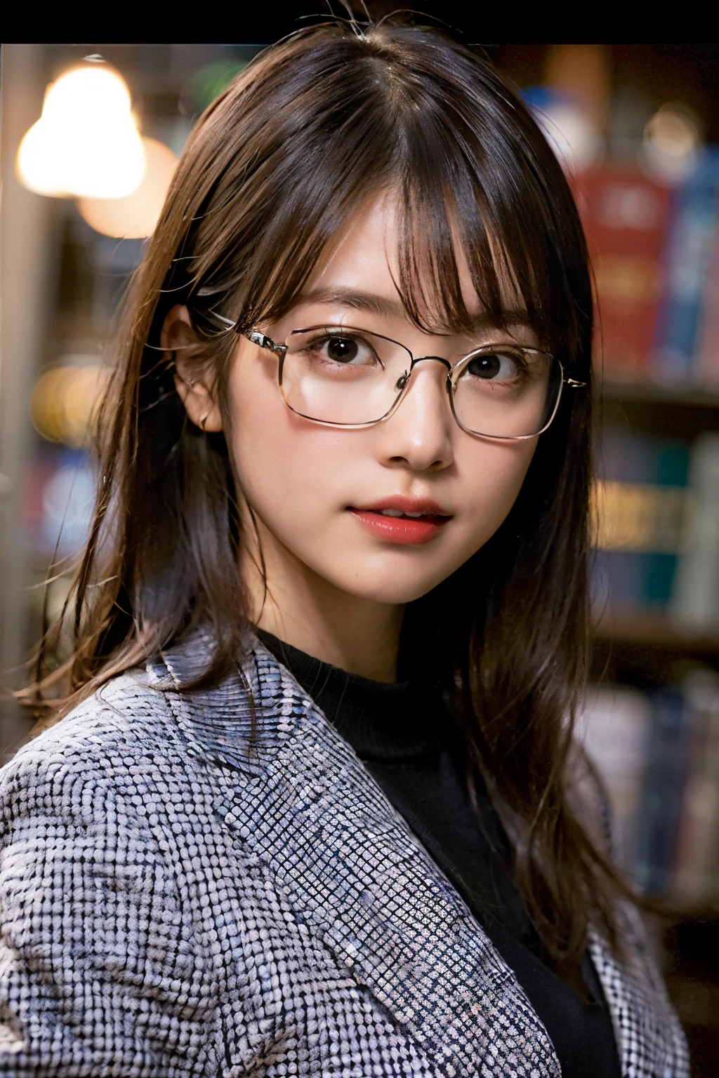(8K、Raw photography、top-quality、​masterpiece:1.2)、(realisitic、Photorealsitic:1.37)、ultra-detailliert、超A high resolution、女の子1人、see the beholder、beautifull detailed face、A smile with a little visible teeth、Constriction、(Slim waist) :1.3)、((Wearing a suit))、Beautiful detailed skin、Skin Texture、Floating hair、((Keeping your hair in one))、large breasts with good shape、Professional Lighting、Autumn twilight、book library、(((Black square glasses )))、Whole human body、Black hair、((Shameful appearance))、Holding a book、