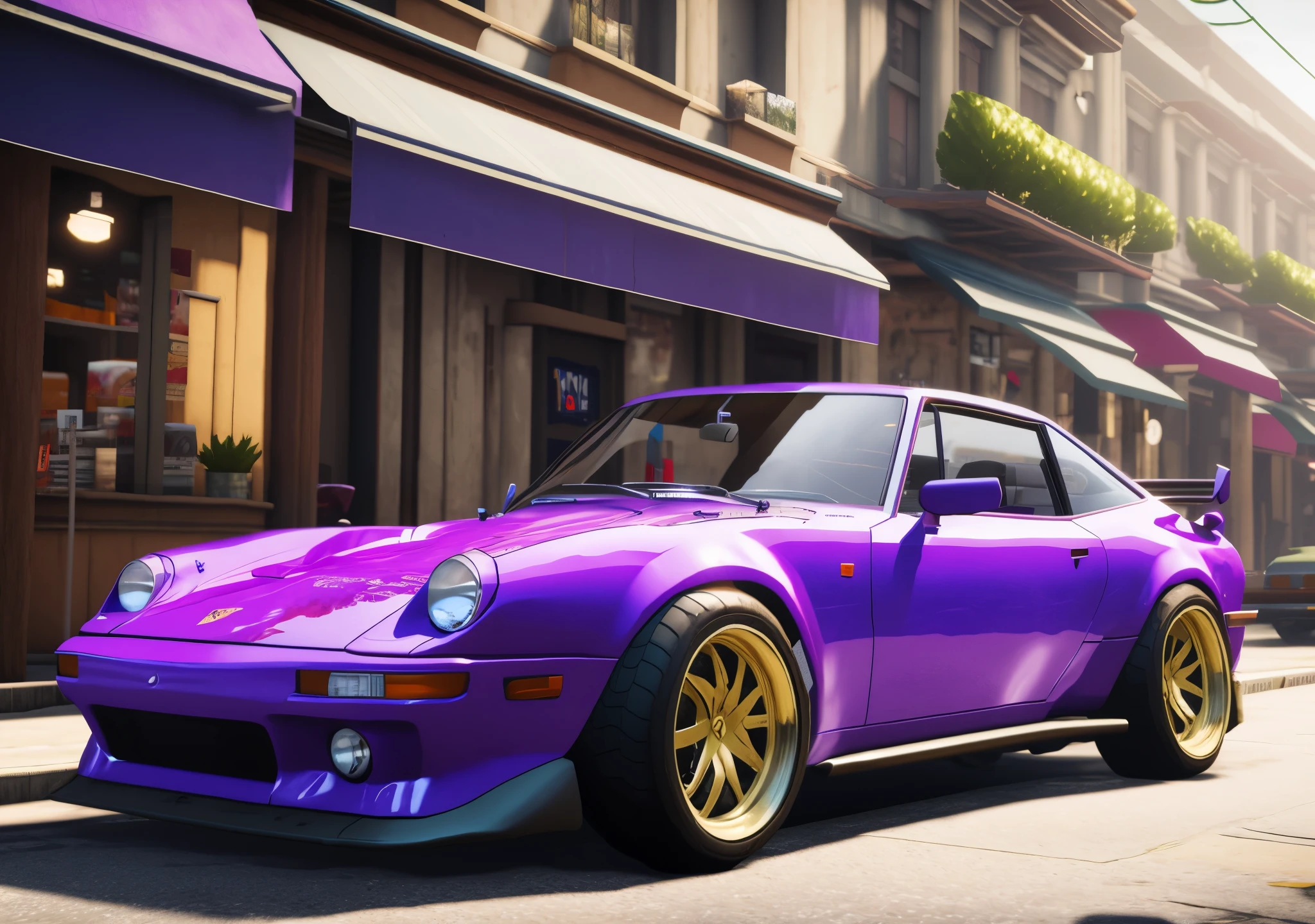 purple car parked on the side of the road in front of a building, estilo gta 6, carros realistas, Altamente detalhado Hyper Real Retro, estilo miura kentaro, pintura realista, rastreamento de raios octanos, estilo de arte gta, estilo gta5, rastreamento de raio ativado, estilo de rua gta v, estilo de gta v, rastreamento de raio x