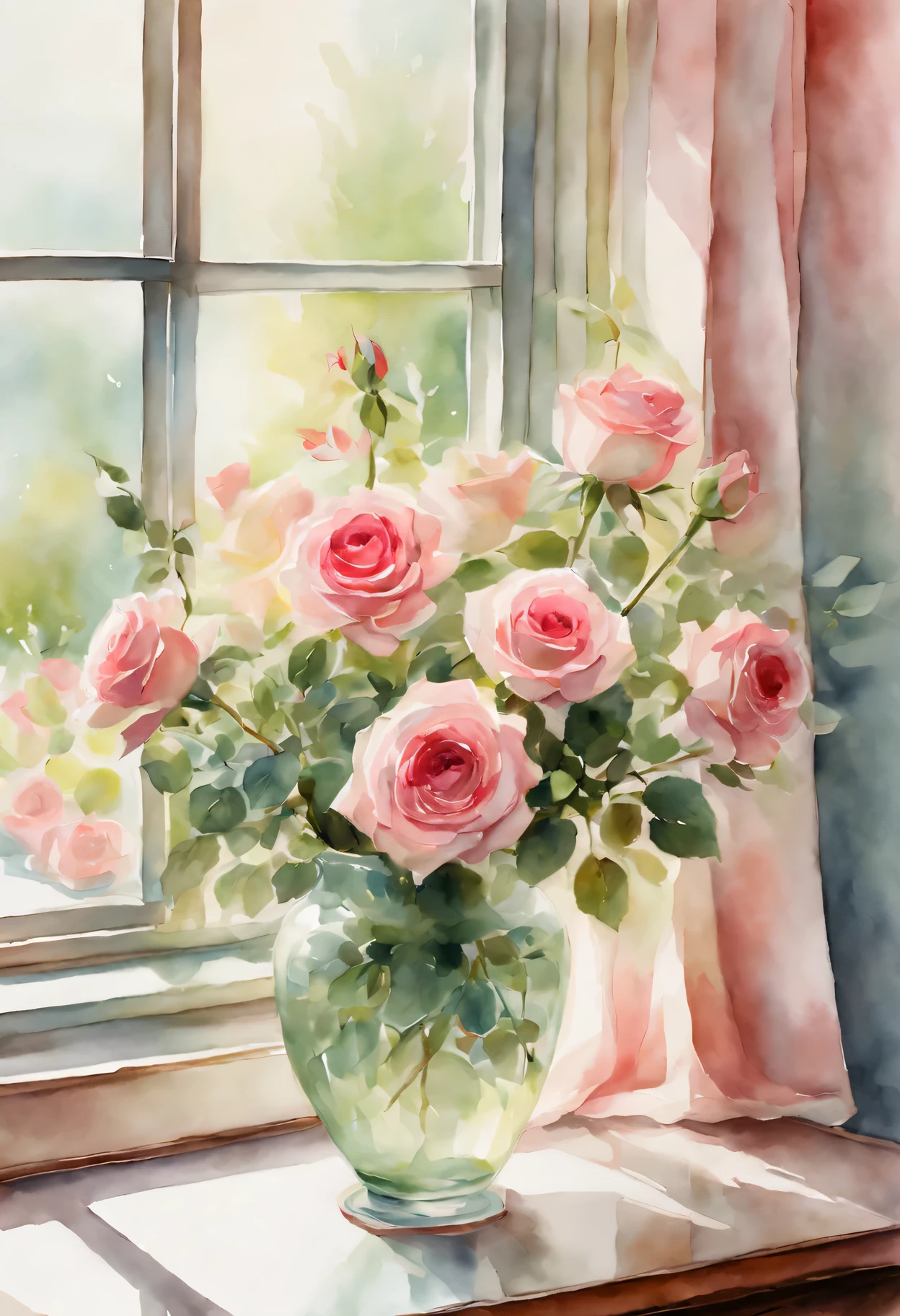 watercolor art，Living room windowsill scene，Beautiful detail roses in vase，Soft and delicate brushstrokes，subtle blend of colorright and airy atmosphere，Romantic and ethereal，Impressionist lighting，Vivid and lively colors，pink and red shades，Lush green leaves and stems，Reflection on glass vase，Soft shadows and highlights，Retro decorative elements，Warm and comfortable atmosphere。