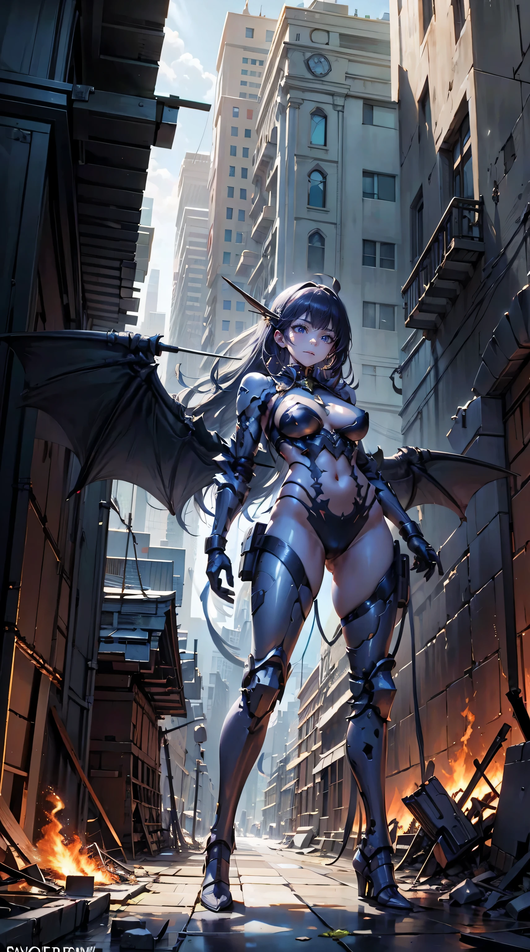 surrealism, Ray tracing, hyper HD, High details, 8K, Best quality, Textured skin,dam Mech,Dragon wings,tmasterpiece,best qualtiy,mechs,A teer levitates in the air,(full bodyesbian),(Black Mech:1.5),(轴对称:1.4),(hdr),(cinematric light:1.1),White eyes,Cool,scientific fiction,firey,Don Dao,karo,conflict,Background of the destroyed city with a Tang knife,(Armed with a huge weapon:1.5),Mecha male,