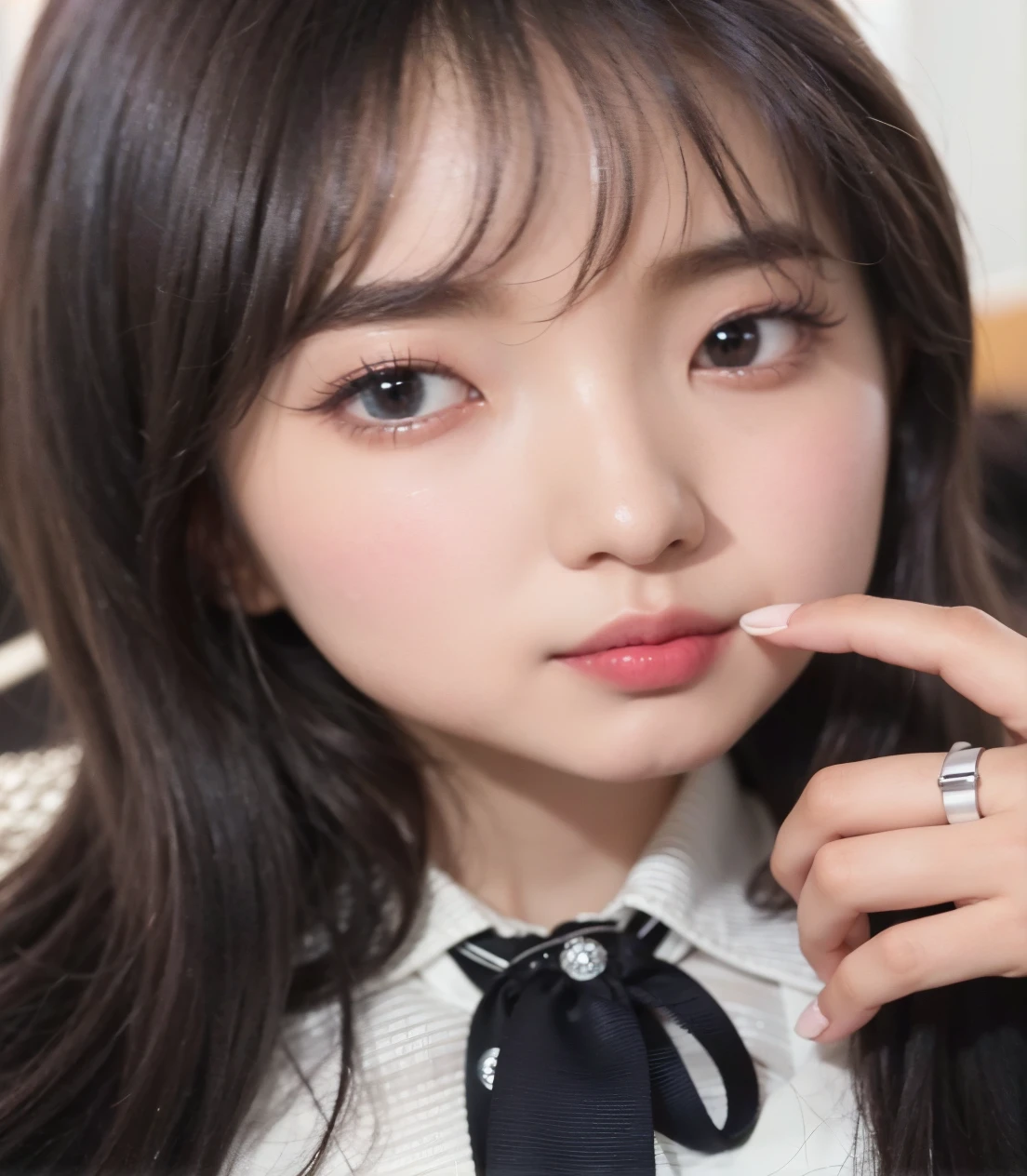 arafed woman with long hair wearing a white shirt and a black tie, ulzzang, adorable korean face, popular south korean makeup, bae suzy, young adorable korean face, small lips pointy nose, popular korean makeup, with very thin lips, loona olivia hye