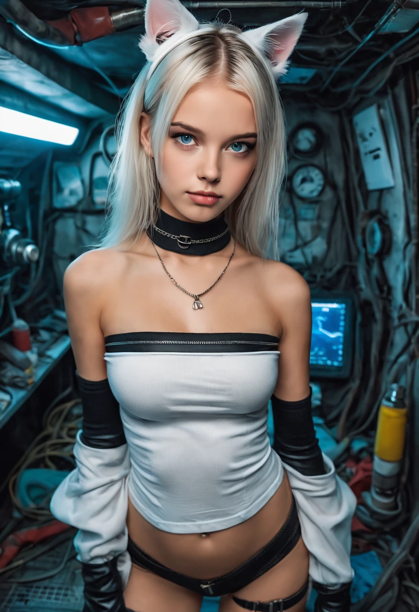 13 year old perfect likeness of TaisaSDXL wearing a worn and ragged yellow and blue small boob tube top. She is wearing a steel choker and leather gloves and white cats ears. She not wearing any pants and is naked from the breasts down except for long white maids stockings. She has a seductive look. She is inside a cyberpunk submarine, kneeling on a mattress on the floor of the submarine looking up at the viewer. There is a periscope and submarine hatches etc., in the background. Cyberpunk theme, professionally color graded, professional photography, well drawn, masterpiece, hyper realistic, ultra detailed, high quality, best quality, 4k, 8k, hi resolution, ((NSFW、realistic)), very young girl, young face, cute, beautiful 