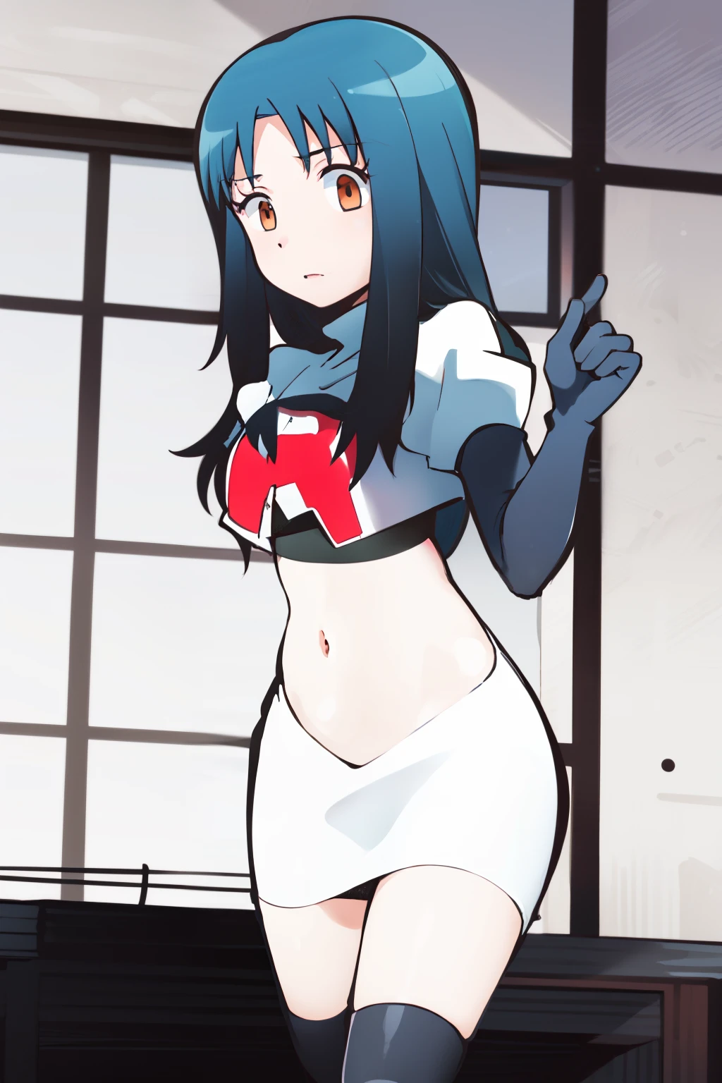 masterpiece, highres, 1girl,   black hair, brown eyes, long hair, team rocket,team rocket uniform, red letter R, white skirt,white crop top,black thigh-highs,black elbow gloves