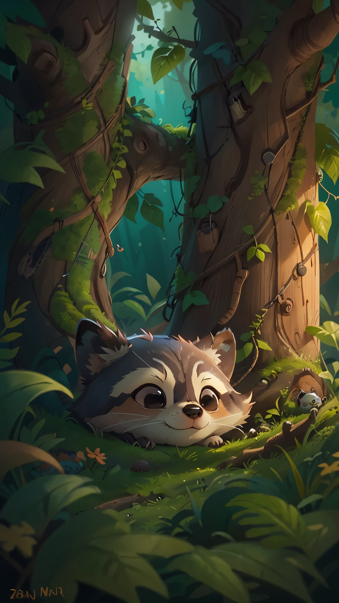 it's late at night,Cute raccoon,Illustration of sleeping in a warm tree hole, it's rolled up,Enter sweet dreams。goodnight,Little raccoon。close up, Pixar cinematic style, best quality, movie stills, very cute,