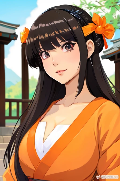 Wear goggles on your head、big breasts、Hair color is black and short cut、eyes are big、The color is brown, close to bright orange,、、She is wearing a shrine maiden costume.、modern anime style、anime style illustration、digital anime illustration、