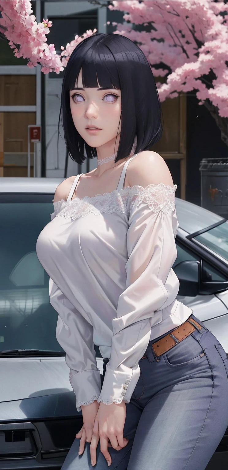 {-erro_de_anatomia:1.0}(Masterpiece - Ultra-Detailed, High Resolution) Masterpiece, absurderes, Hinata\(Boruto\), 1girll, Solo,Mature female, Off-the-shoulder lace shirt, When looking at the camera, Perfect composition, Detailed lips, big breast, Beautiful face, body propotion, Blush, (black hair, Purple eyes, Soft gaze, Super realistic, Detailed, photoshoot, Realistick faces and bodies, whole body, looking at the camera, jeans, portrait