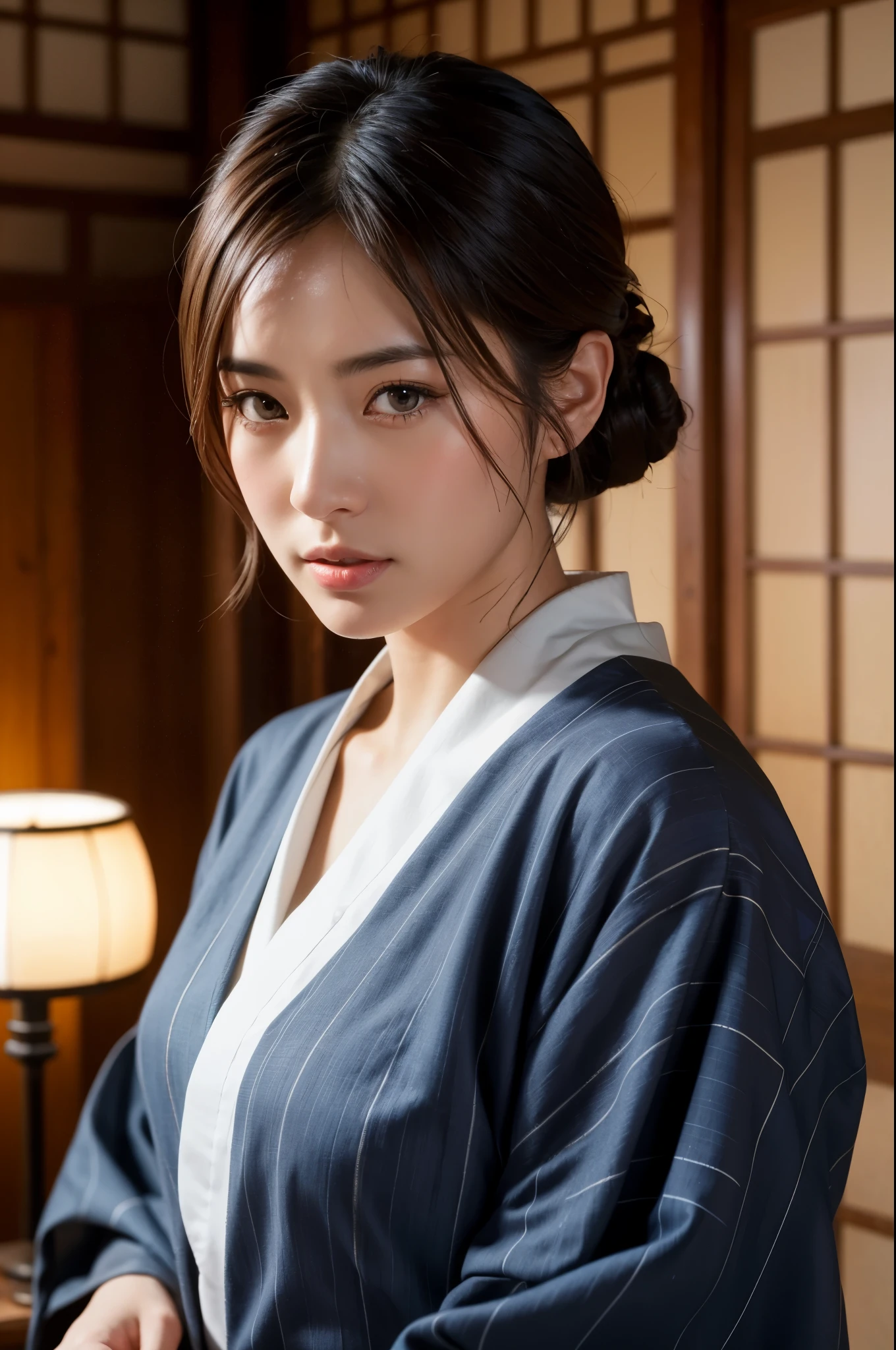 Highly detailed CG Unity 8k wallpaper, highest quality, masterpiece, (Realistic, photorealistic:1.4), ultra high res, (A beautiful Japanese Mature Woman in a Yukata with Monotone vertical stripes, solo), Inside a room in an old-fashioned Japanese onsen ryokan, medium shot, Perfect feminine figure, Fascinating milf, Amazing beautiful face, bewitching Goddess, parted lips, glossy sweaty skin, cinematic composition, professional moody lighting and shading, (extremely detailed eyes and face, eyes with beautiful details, insanely detailed beautiful realistic skin texture), (correct body balance, accurate hands, accurate eyes)