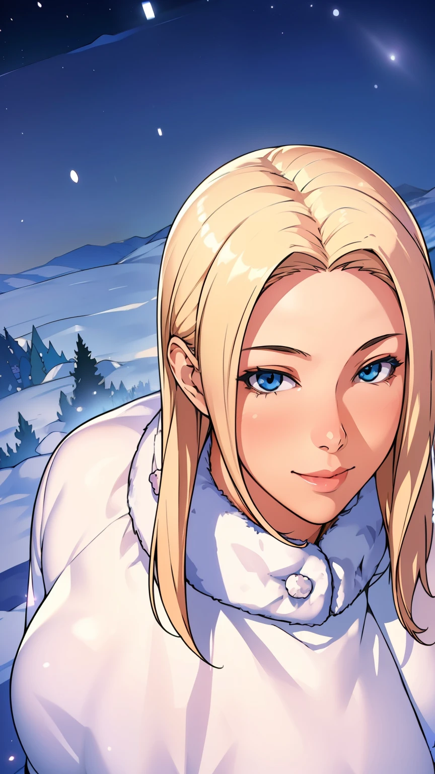 (masterpiece), (best quality), 1girl, (perfect face:1.2), (beautiful face:1.2), platinum blonde hair, (from above, upper body:1.3), happy, light smile, looking at viewer, pose, 
winter coat, outdoors, winter, snow, night time, intricate, depth of field, cinematic lighting,