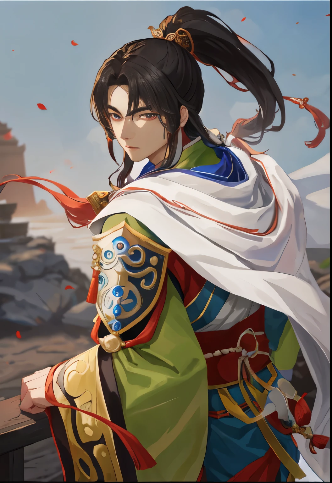 long hair、White cloak、Anime characters holding swords, zhao yun, heise jinyao, author：Yang Jie, Inspired by Bian Shoumin, inspired by Guan Daosheng, Inspired by Zhao Yuan, g liulian art style, inspired by Li Rongjin, Inspired by Huang Shen, bian lian，three kingdom，Unparalleled in the Three Kingdoms，handsome guy