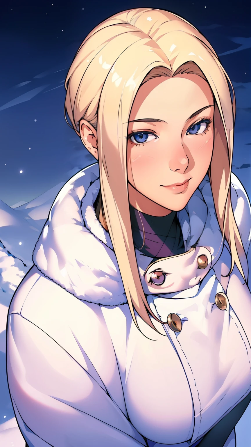 (masterpiece), (best quality), 1girl, (perfect face:1.2), (beautiful face:1.2), platinum blonde hair, (from above, upper body:1.3), happy, light smile, looking at viewer, pose, 
winter coat, outdoors, winter, snow, night time, intricate, depth of field, cinematic lighting,