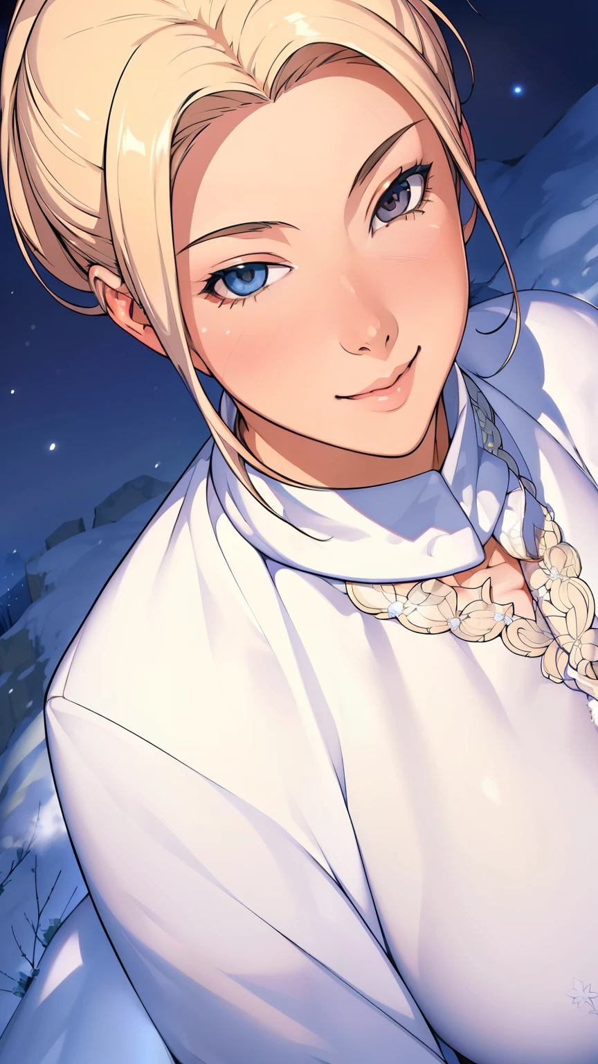 (masterpiece), (best quality), 1girl, (perfect face:1.2), (beautiful face:1.2), platinum blonde hair, (from above, upper body:1.3), happy, light smile, looking at viewer, pose, 
winter coat, outdoors, winter, snow, night time, intricate, depth of field, cinematic lighting,