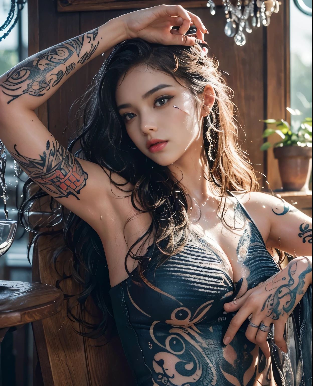 (best quality,photorealistic:1.37),(realistic,highres,ultra-detailed),(tattoo:1.1),(wet hair),(detailed skin texture), (bright colors), (soft lighting), (grunge background), (female model), (close-up), (colorful ink), (body art), (vibrant tattoos), (intricate designs), (dynamic pose), (expressive face), (elegant demeanor), (tattoo artist), (studio setting), (water droplets), (dripping effect), (wavy hair), (fine lines), (shading techniques), (subtle highlights), (glistening skin), (smooth complexion), (depth and dimension), (captivating eyes), (ornate patterns), (bold contrast), (varied textures), (meticulous attention to detail), (artistic expression), (unique style), (masterpiece creation), (showcasing skill and talent)