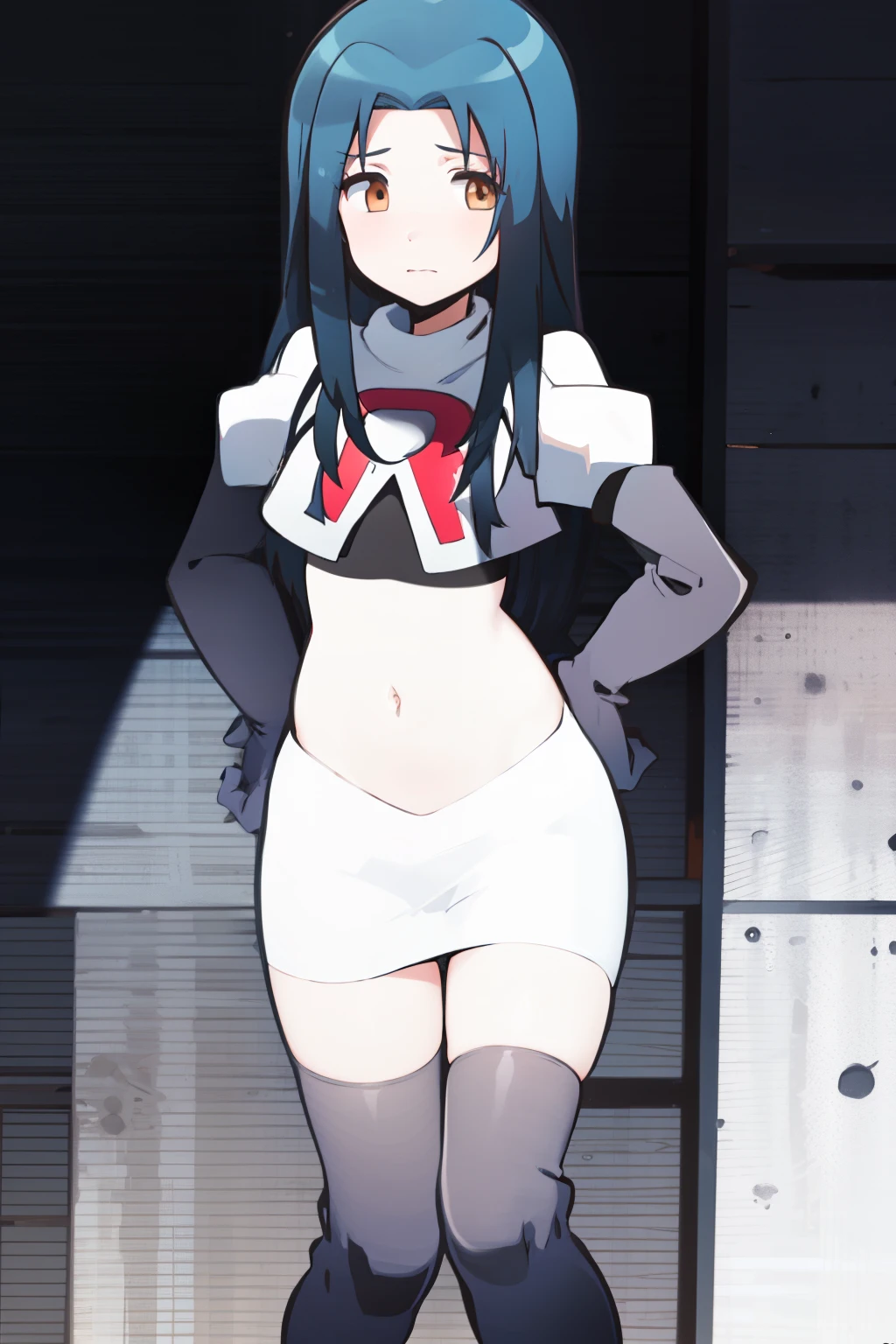 masterpiece, highres, 1girl, black hair, brown eyes, long hair, team rocket,team rocket uniform, red letter R, white skirt,white crop top,black thigh-highs,black elbow gloves
