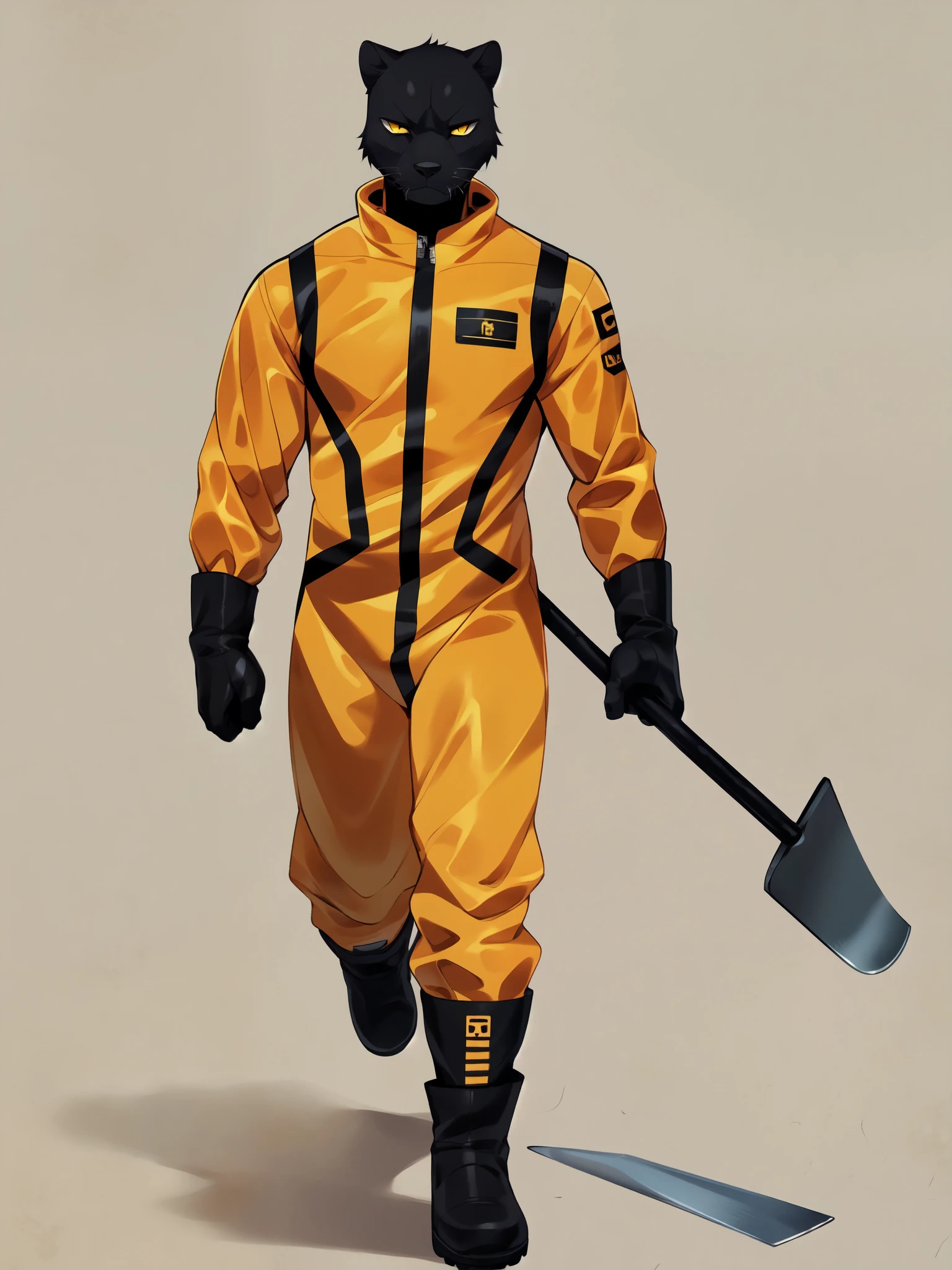 Tall muscular black panther male, white faux hawk hair, yellow eyes, wearing plain orange hazmat suit, black boots, black gloves, blank background, walking towards viewer, looking away, full body shot, by fumiko, by gudlmok99, worried expression, holding a shovel in both hands, holding shovel like a weapon