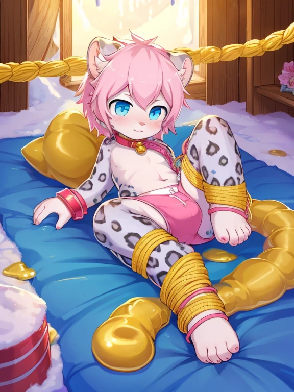 Golden slime rope wrapped around snow leopard cub's toes,Wear diapers,Pink ankle ring,Pink bracelet,pink collar