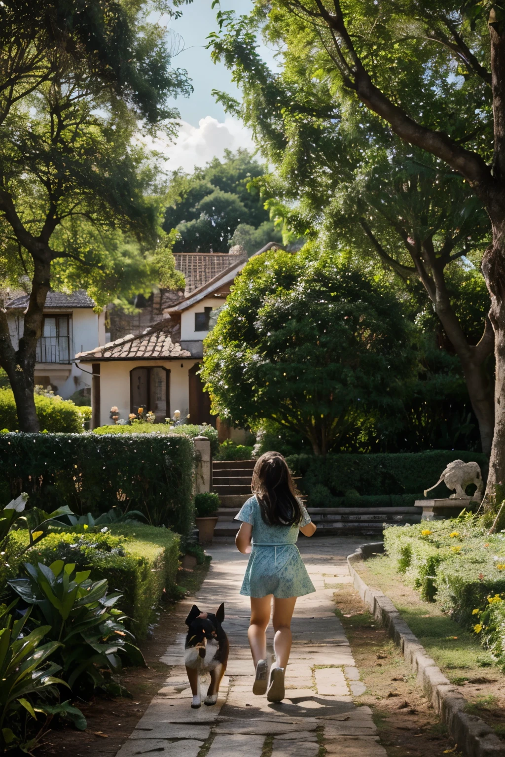 Create a visual representation of an enchanting scene: a 6 year old running with her Border Collie in a paradisiacal garden. Ensure the scene conveys the joy and innocence of childhood, capturing the affectionate interaction between child and dog. Destaque elementos do jardim, como flores vibrantes, lush trees and a serene sky. Utilize cores suaves e vivas para criar uma atmosfera calorosa e acolhedora. Leave room for your imagination to flourish in this enchanted environment