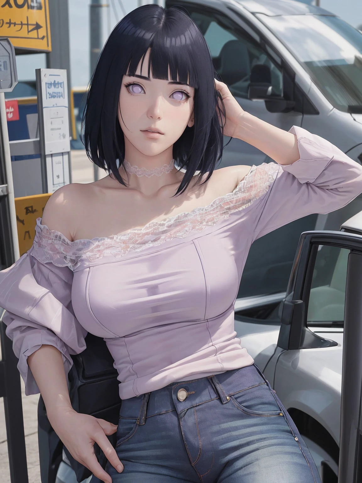 {-erro_de_anatomia:1.0}(Masterpiece - Ultra-Detailed, High Resolution) Masterpiece, absurderes, Hinata\(Boruto\), 1girll, Solo,Mature female, Off-the-shoulder lace shirt, When looking at the camera, Perfect composition, Detailed lips, big breast, Beautiful face, body propotion, Blush, (black hair, Purple eyes, Soft gaze, Super realistic, Detailed, photoshoot, Realistick faces and bodies, whole body, looking at the camera, jeans, portrait