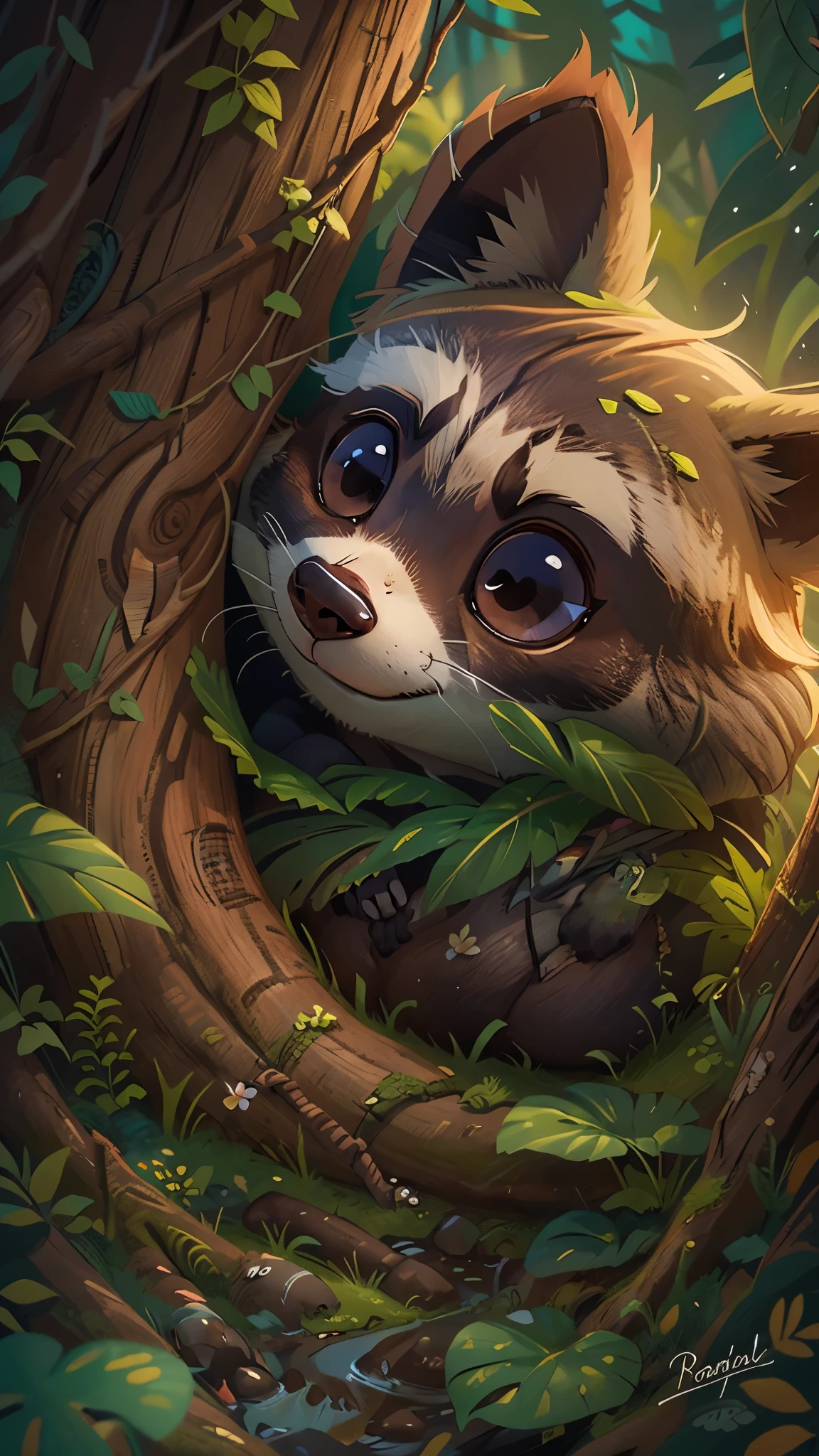 it's late at night,Cute raccoon,Illustration of sleeping in a warm tree hole, it's rolled up,Enter sweet dreams。goodnight,Little raccoon。close up, Pixar cinematic style, best quality, movie stills, very cute,