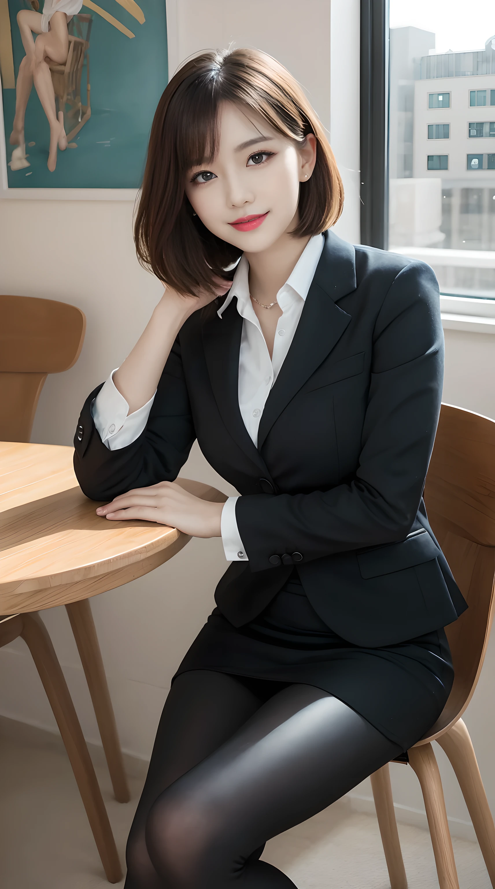 on the table, best quality, illustration, super detailed, Exquisite details, high resolution, 8k wallpaper, Perfect dynamic composition, beautiful and delicate eyes, business suit,mini skirt,short hair,Natural lip color, sit on the chair,cross legs,Smile、25 year old girl,red eye shadow,Wear black leggings,