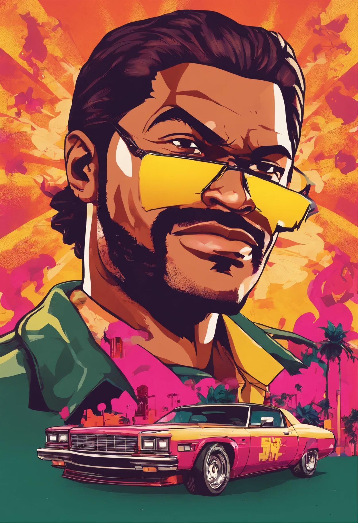 Poster GTA VI style, (A melhor qualidade,Ultra detalhado,realista:1.37),Macho, ombros largas, nariz grande, pele clara, cabelos curtos, cores vivas
