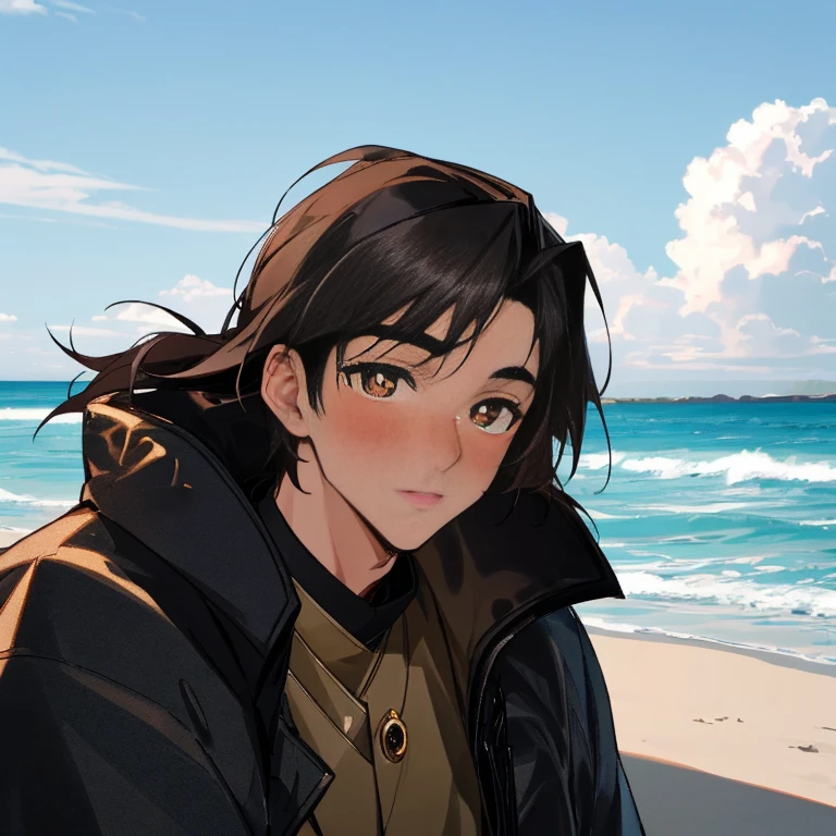 The selkie, a young adult male with dark brown eyes and black hair, Irish, wearing a very detailed seal skin coat, seal skin, real seal skin, light fur, large eyes, large Iris and pupils, by an Irish beach, Ireland, slightly cloudy, light skin, slight blush, up close,