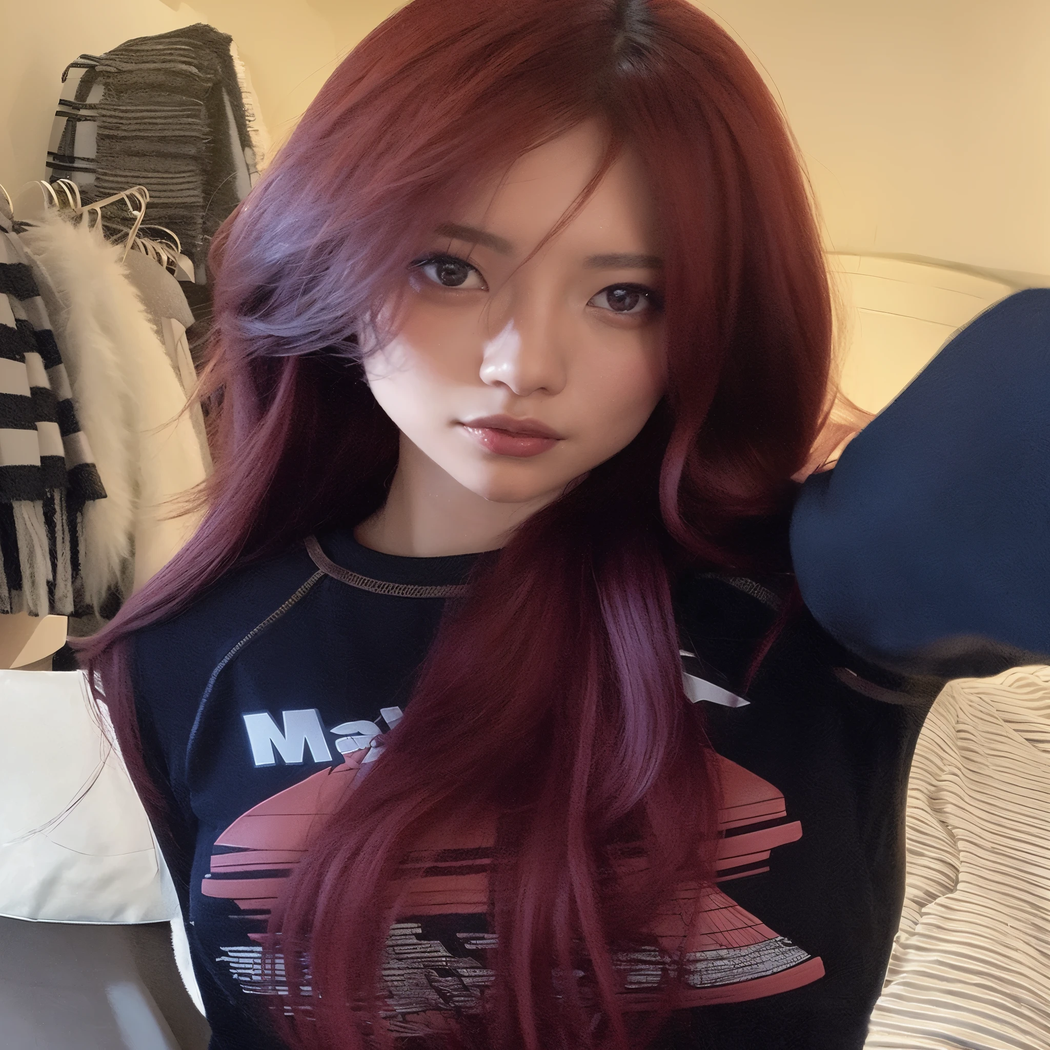 woman with red hair and a black shirt taking a selfie, tzuyu from twice, ulzzang, with red hair, with long red hair, brown red long hair, red long hair, dark red hair, with dark reddish hair, red dyed hair, crimson hair, heonhwa choe, lalisa of blackpink