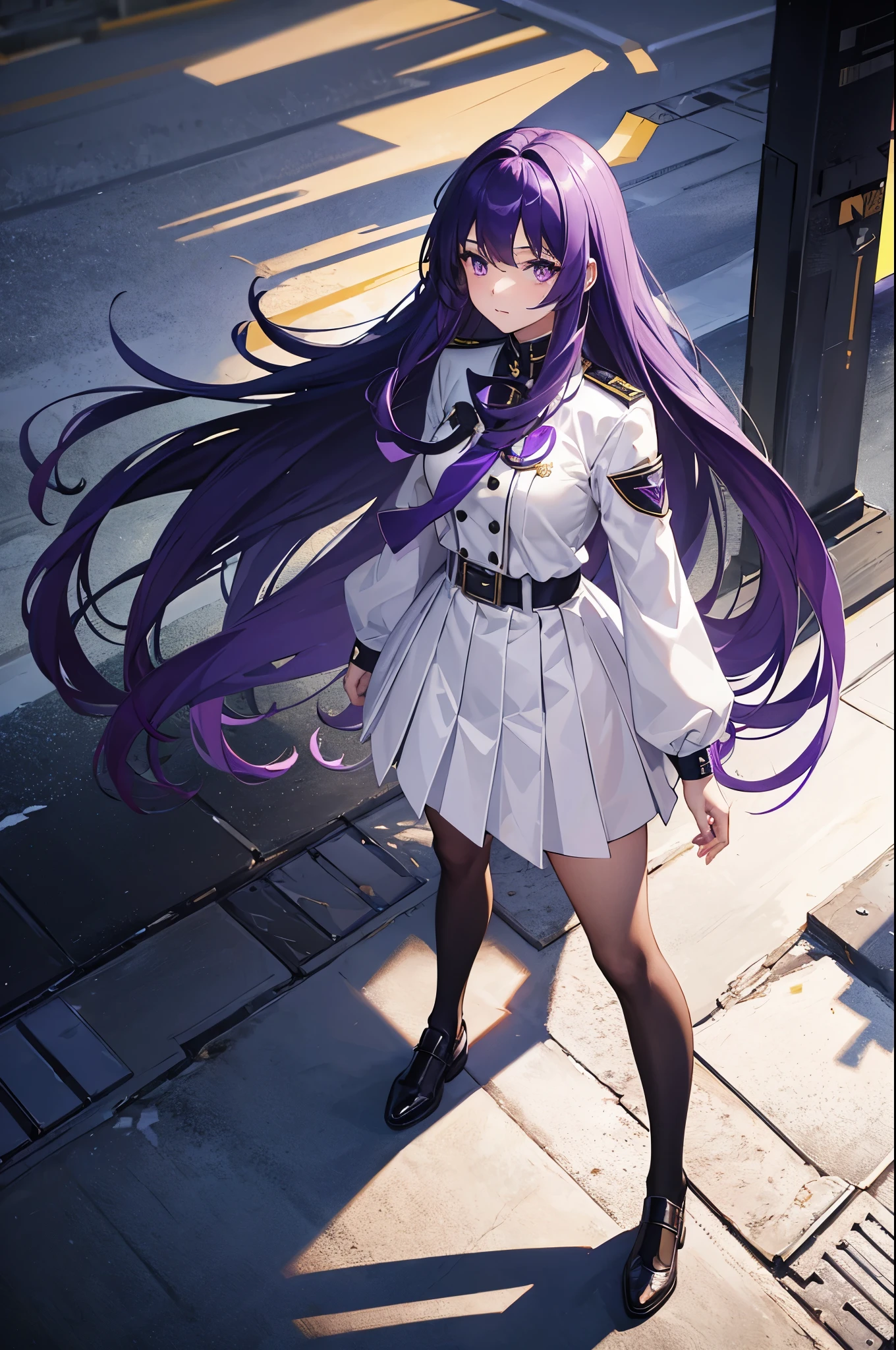 1girl, long purple hair, purple eyes, white academy uniform, standing on ground, high res, ultra sharp, 8K, masterpiece