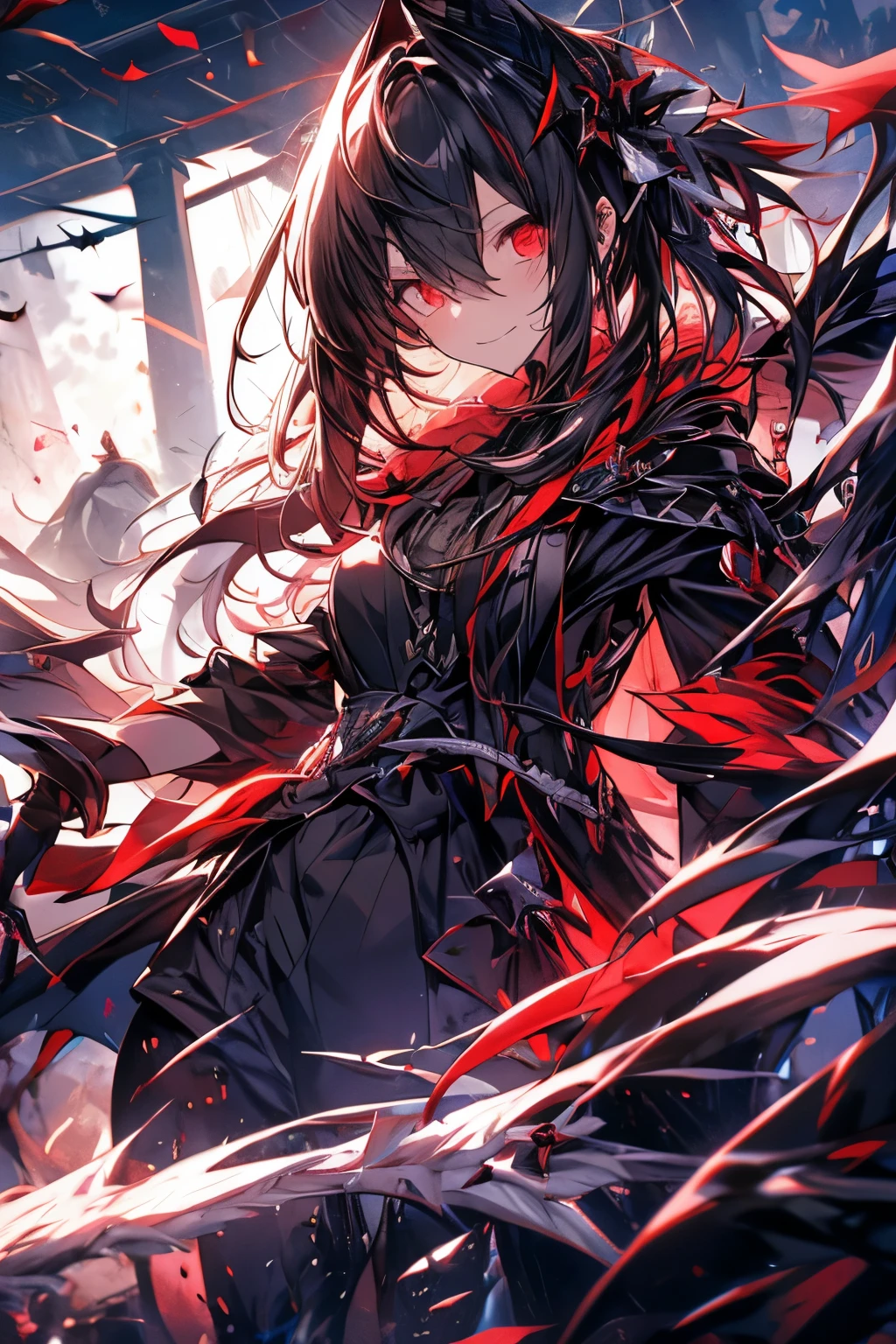 anime vampire girl, fangs, black wings, red crimson pupils, hair ornament, (best quality), (superior quality), (dark), despair, death wandering in the valley of shadows, raw,Award-winning, landscape,