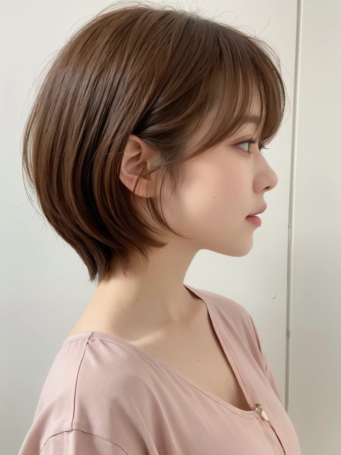 Taken in front of the white door、(8K、Raw photo、highest quality、masterpiece:1.2)、High-definition RAW color photo、professional photos、(realistic、フォトrealistic:1.37)、Shot in natural light、1 girl、laughter、(Versatile poses)、squat、squat、break (Ombre:1.3) 、Winter clothes、 necklace、(pastel clothing)、(Beautiful profile:1.3)、Don't look at the camera、profile、shortcut、((brown hair)、short hair、Eye color dark brown、(Beautiful profile:1.3)、correct hand of human body、Simple piercing