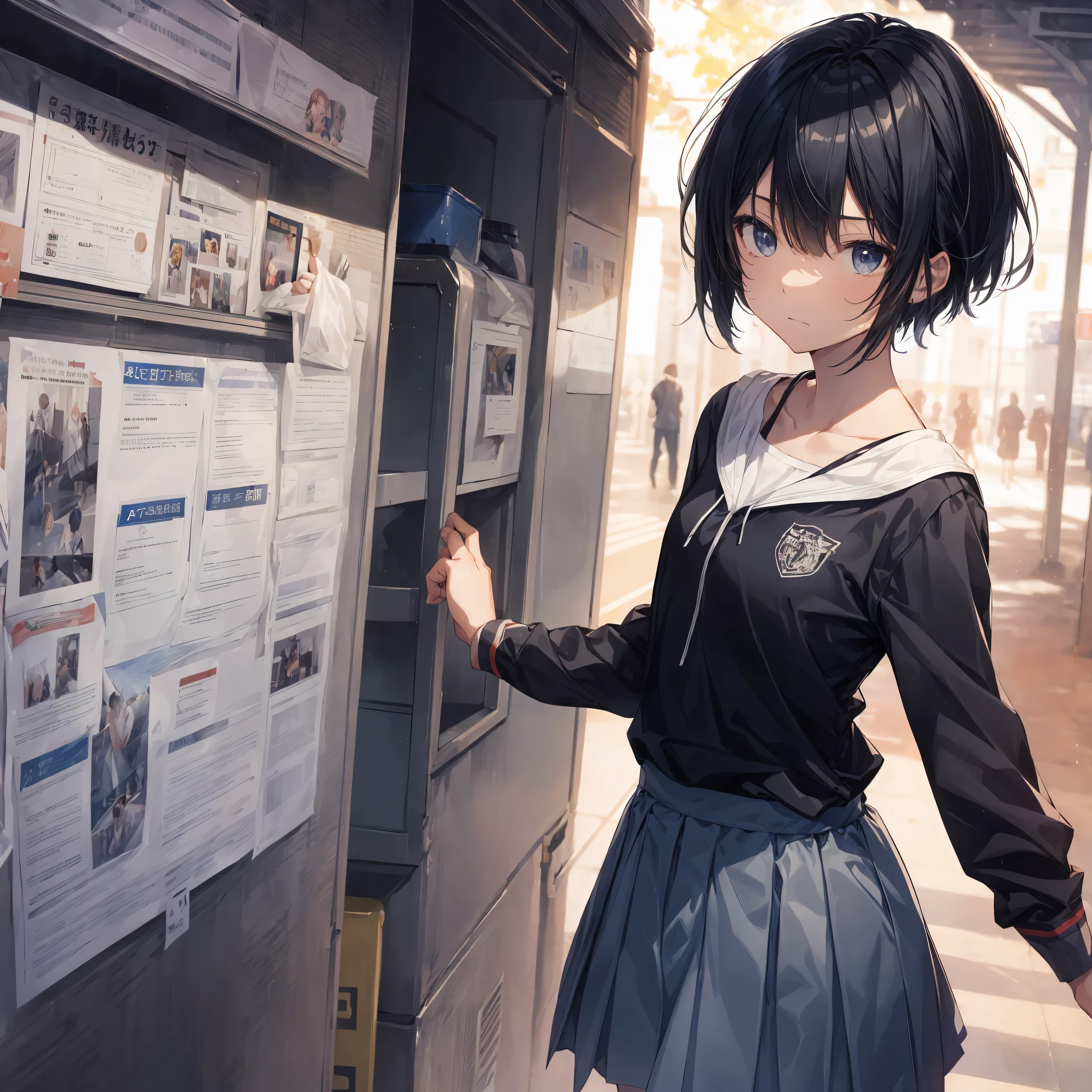 Super high quality by the art god, super detailed, High resolution, Shinkai Makoto style, anime moe art style, best anime 8K konachan wallpaper, pixiv contest winner, perfect anatomy, break,(眠そうにalone学校へ行く女の子を描いてください. ),break, surreal high school girl, (alone,change, child,:1.3),All limbs, full finger,Middle schoos charm, (very short hair, pixie cut), very short blunt bangs, bowl cut hair, flat and soft chest, small ass, between legs, small eyes,beautiful detailed black eyes, Well-proportioned iris and pupils, disgusted eyes, High resolutionの詳細な髪, school uniform, (skirt), On the way to school. break,super dense skin, Best lighting by famous artists, 8K, figure,