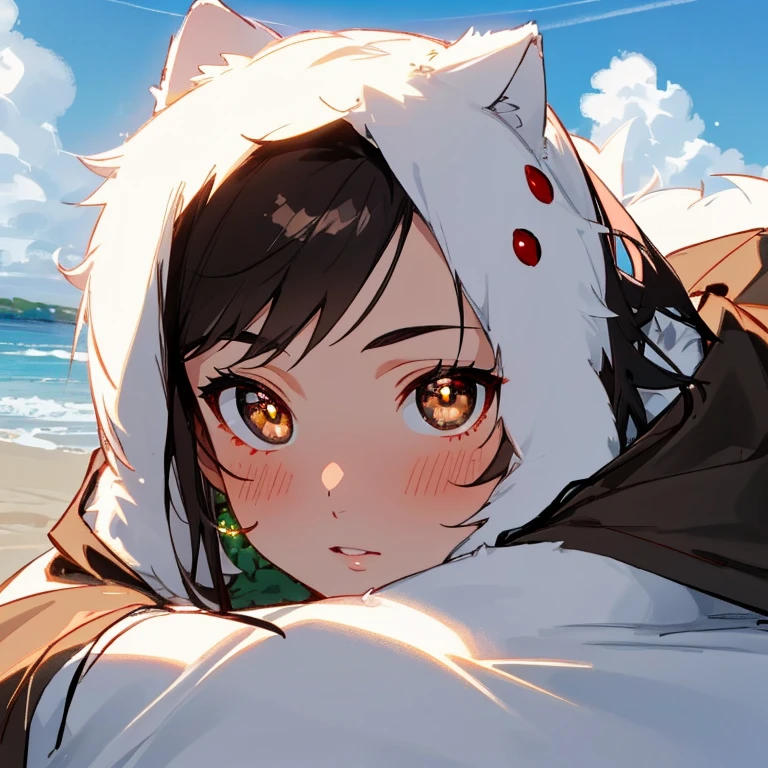 The selkie, a young adult male with dark brown eyes and black hair, Irish, wearing a very detailed seal skin coat, seal skin, real seal skin, light fur, large eyes, large Iris and pupils, by an Irish beach, Ireland, slightly cloudy, light pale rosey skin, slight blush, up close,