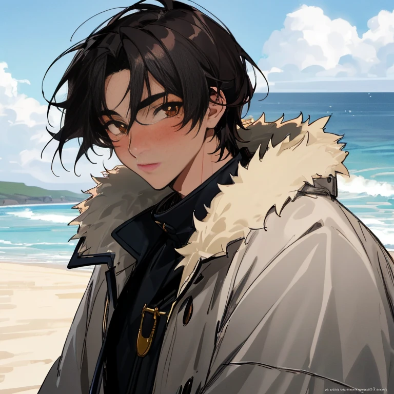 The selkie, a young adult male with dark brown eyes and black hair, Irish, wearing a very detailed seal skin coat, seal skin, real seal skin, light fur, large eyes, large Iris and pupils, by an Irish beach, Ireland, slightly cloudy, light skin, slight blush, up close, coat is made of real seal skin,