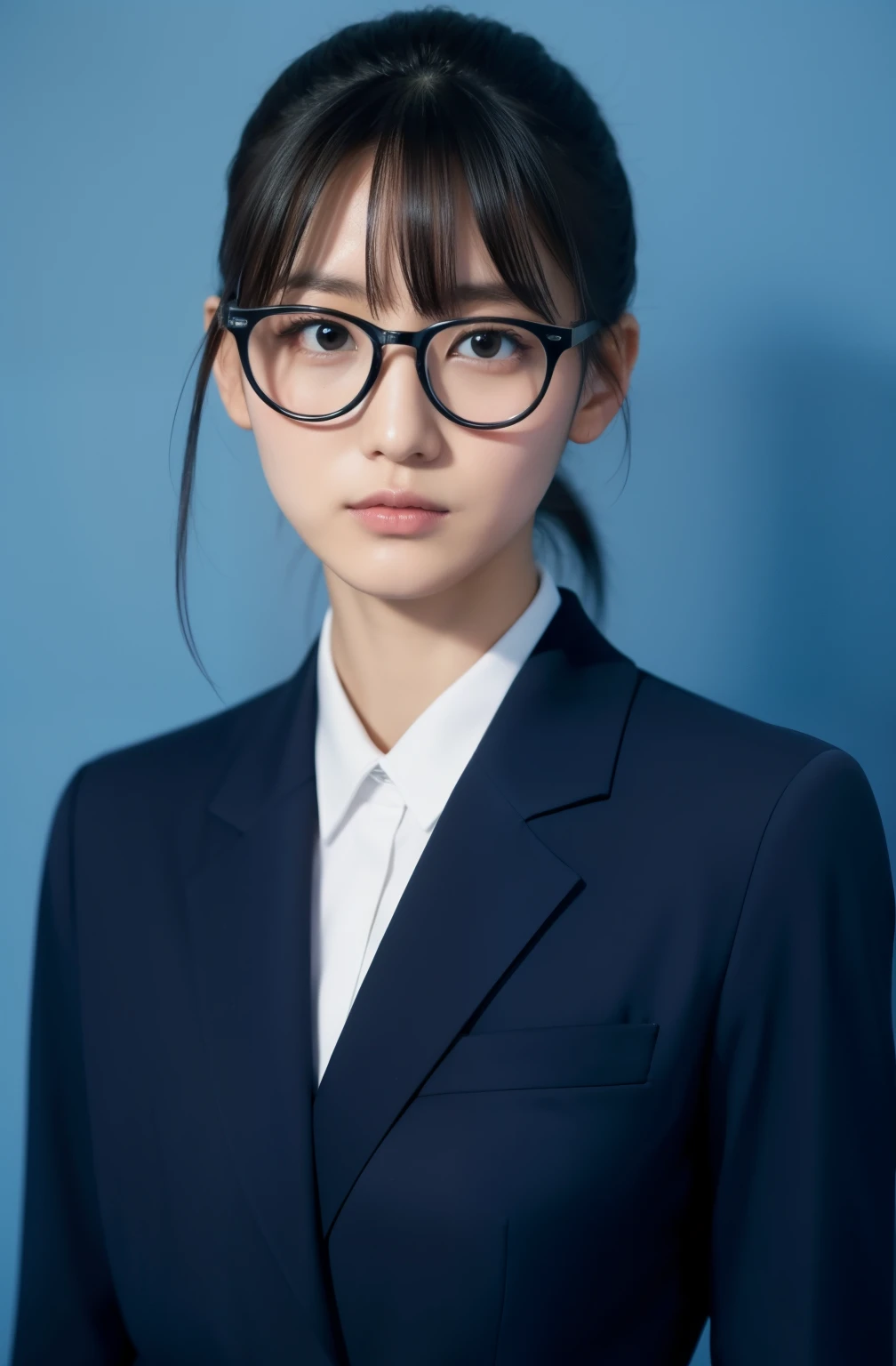japanes、28 year old、femele、Wearing a black recruit suit、Hair tied back、Straight-down bangs、No makeup、Looks faint-hearted、light skinned、Solid blue background、Large margins、Stand straight、ID photo、Wearing glasses、There a large margin at the top