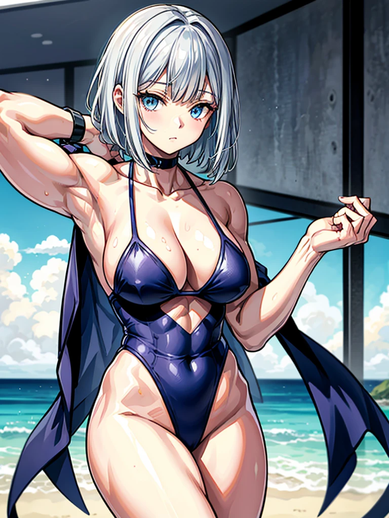 (((masterpiece、Highest image quality、highest quality、highly detailed unity 8kwallpaper)))、((Illustration of one girl))、(((beautiful girl)))、((white hair、short hair、side undercut:1.4、light blue eyes))、(((stocky build, thickset physique, muscular legs, broad shoulders, solid chest:1.6)))、swimsuit、sandy beach