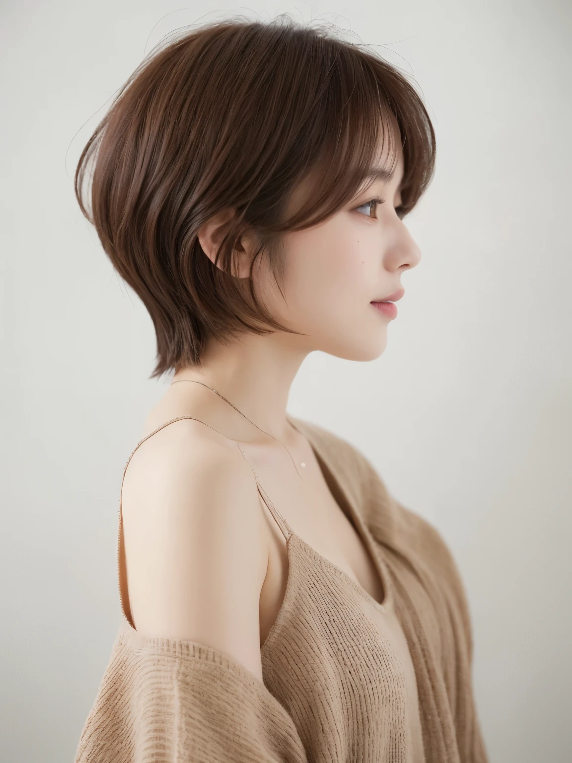 Photo seen from the side,(8k, RAW photo, best quality, masterpiece:1.2),natural lighting,small breast,(real human skin,finely detailed skin:1,4),upper body photo,((straight short hair,natural hair,transparent bangs,light brown hair:1,6)),white shirt,
