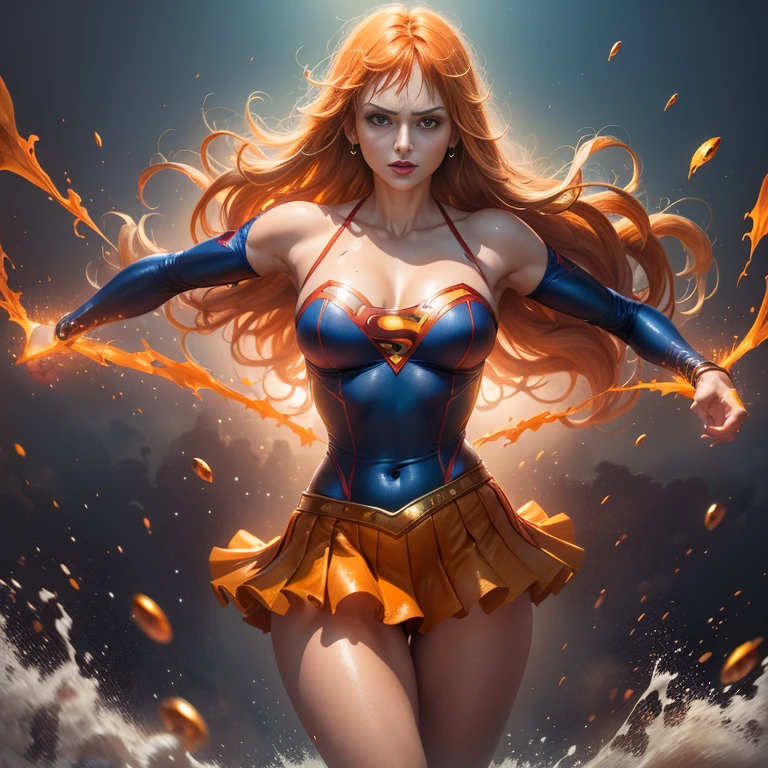 ((nami ONE PIECE))(solo)(Ela tem grandes olhos azuis brilhantes)(glossy and red lips) (((longos cabelos lisos laranja)))(Dark shadows compose)((Seios muito enormes)) (Corpo fino perfeito), Supergirl, capa vermelha, S do super-homem no peito, blue swimsuit, Red skirt, botas vermelhas,((Posando sexy)) (master part, High definition, Volumetric lights and dynamics)), (8k)(rosto perfeito)(ultra detalhes) (perfect hands, olho, e rosto) 