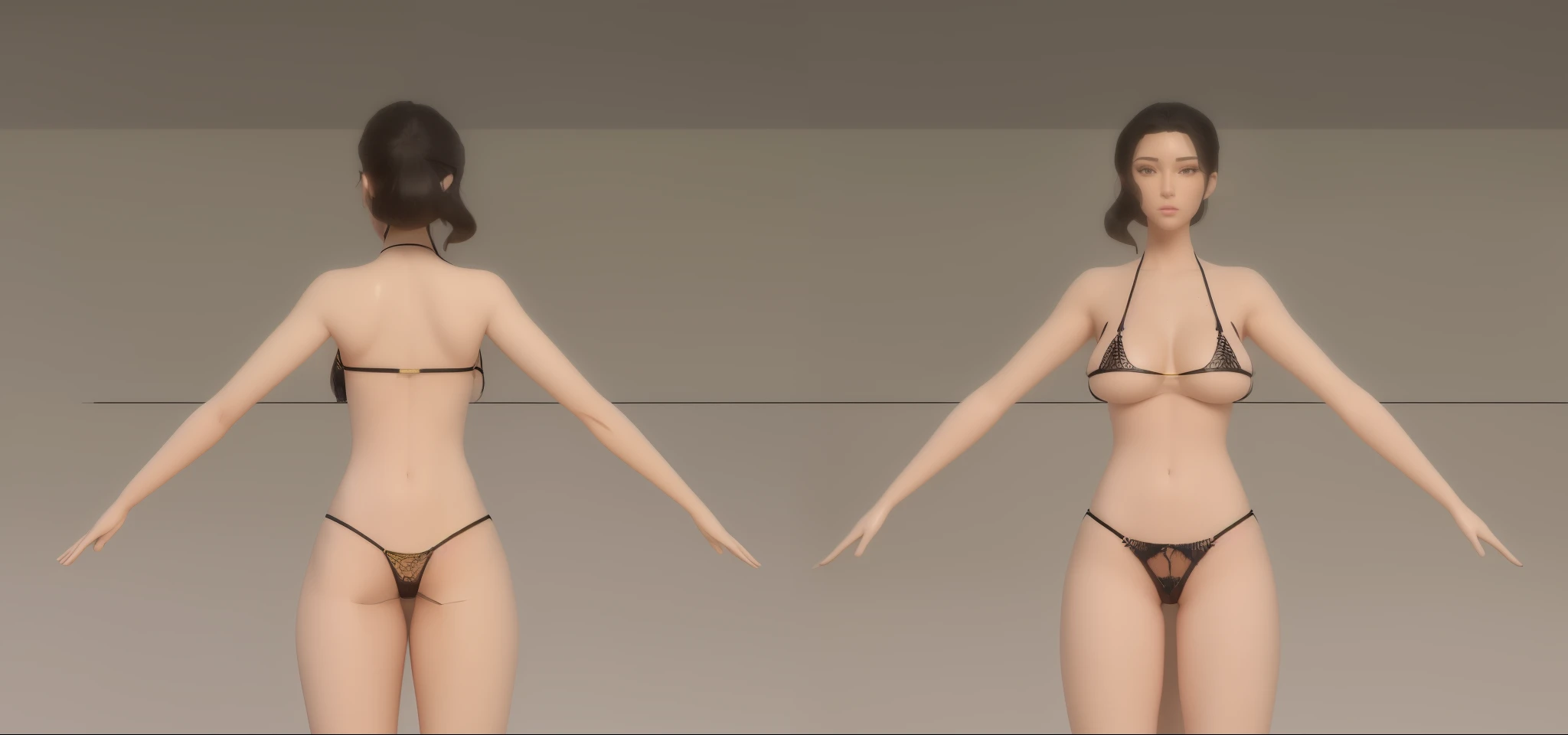 (Masterpiece, best quality: 1.2), (Super detailed), (HDR:1), (Illustration), detailed face, a close up of a woman in a black lace bikini, oppai, butt proportions, whole body highly detailed, complete detailed body, realistically proportioned body, anime proportions, extra detailed body, realistic body proportions, realistic shaded perfect body, highly detailed body, realistic proportions nsfw, detailed body, character sheet, character model sheet turnaround , fullbody shot turnaround, reference model sheet, full character body, 3 d character reference sheet, anime vtuber full body model, high quality model sheet, full body details, character design sheet, detailed full body concept, front and back, ((black bikini)),lace triangle thong, gold steel lingerie,(gold lingerie), tight bikini, G-string panties, g-string, dark background, (( detailed bikini )), clear detailed, dim light