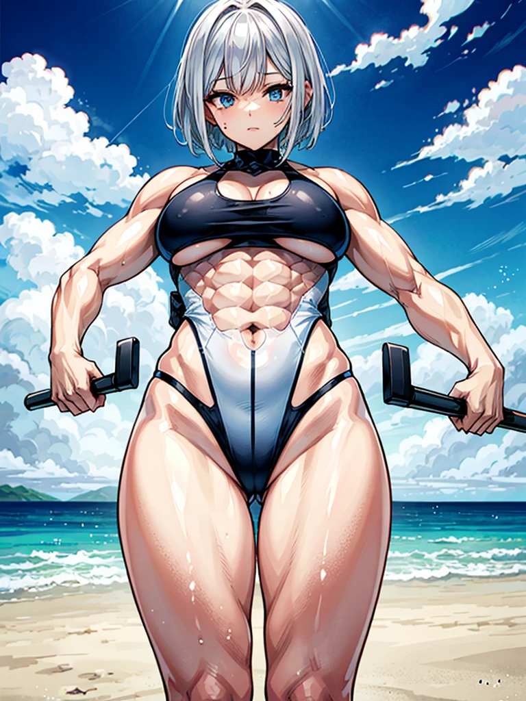 （（（masterpiece、Highest image quality、highest quality、highly detailed unity 8ｋwallpaper）））、（（Illustration of one girl））、（（（beautiful girl）））、（（white hair、short hair、crew cut：1.4、light blue eyes））、（（（stocky build, thickset physique, muscular legs, broad shoulders, solid chest：1.6）））、swimsuit、sandy beach