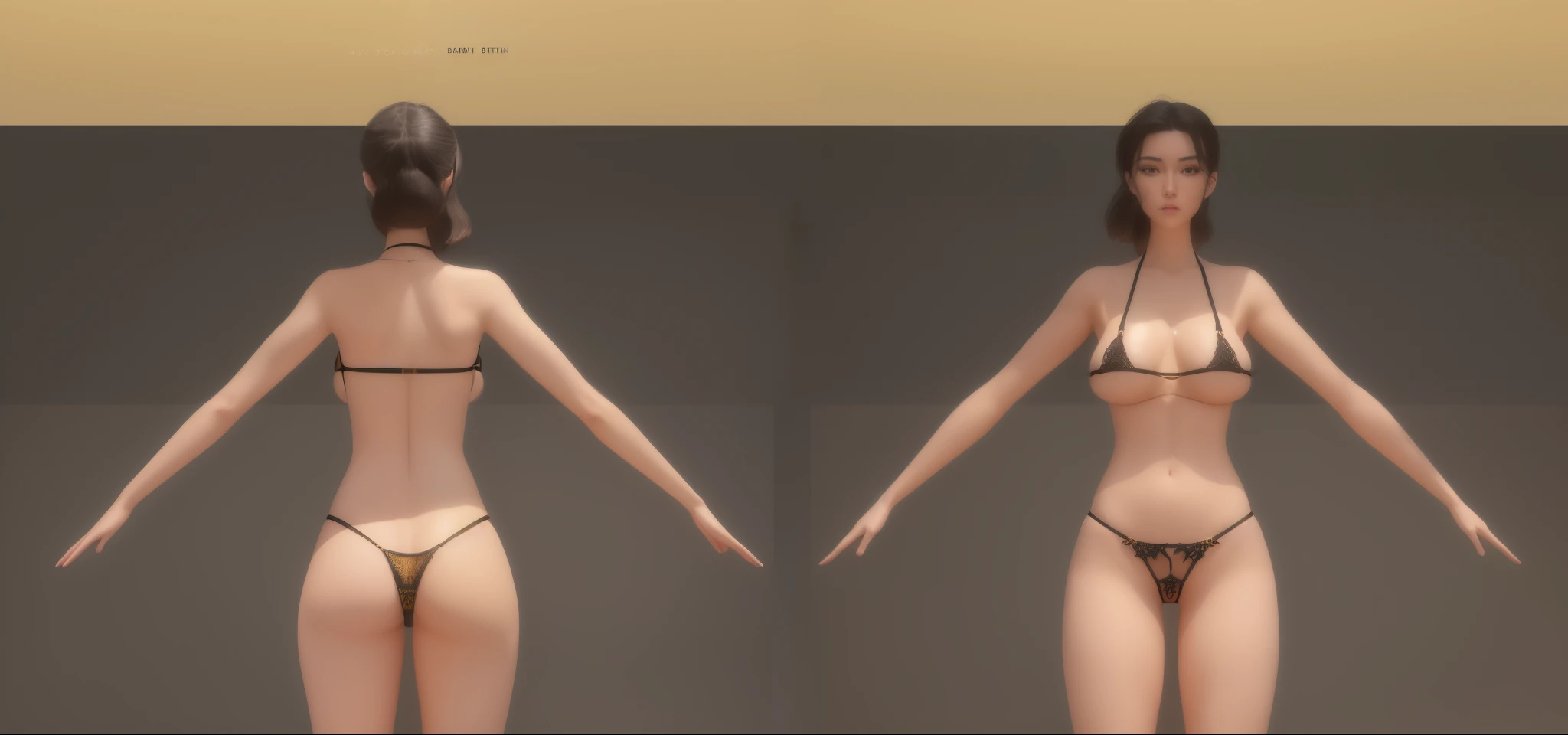 (Masterpiece, best quality: 1.2), (Super detailed), (HDR:1), (Illustration), detailed face, a close up of a woman in a black lace bikini, oppai, butt proportions, whole body highly detailed, complete detailed body, realistically proportioned body, anime proportions, extra detailed body, realistic body proportions, realistic shaded perfect body, highly detailed body, realistic proportions nsfw, detailed body, character sheet, character model sheet turnaround , fullbody shot turnaround, reference model sheet, full character body, 3 d character reference sheet, anime vtuber full body model, high quality model sheet, full body details, character design sheet, detailed full body concept, front and back, ((black bikini)),lace triangle thong, gold steel lingerie,(gold lingerie), tight bikini, G-string panties, g-string, dark background, (( detailed bikini )), clear detailed, dim light