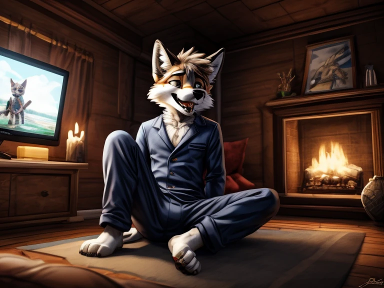 Young furry boys (fox, huskey, etc.), barefoot and dressed in black pyjamas, lie on a couch in a dark room. Eyes are fixed on the TV screen, where a green hypnotic spiral spins endlessly. Feet are detailed and nice, almost mesmerizing in their own right. Are they brainwashed or simply mesmerized by the spiral's hypnotic power? They are smiling and drooling.