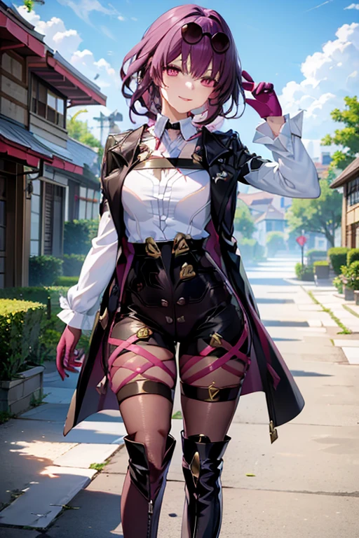 masterpiece, highest quality, 1 girl, KafkaV4, shirt, 白のshirt, Jacket, purple hair, long sleeve, Eyewear on the head, sunglasses, boots, gloves, Thigh boots, pantyhose,  Are standing, closed your mouth, laughter, looking at the viewer,outside the house、outdoor、